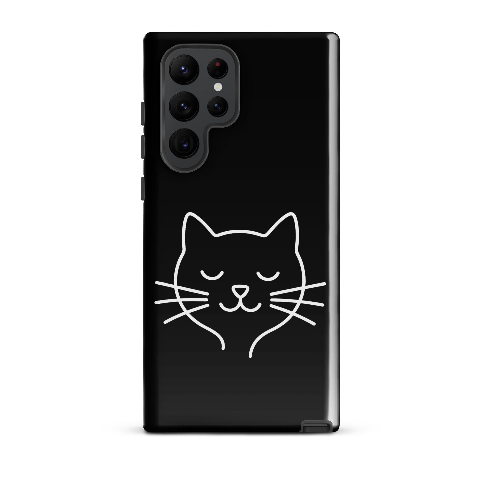 Phone Case for Samsung Galaxy featuring cute minimalist cat line art design on a sleek black background.