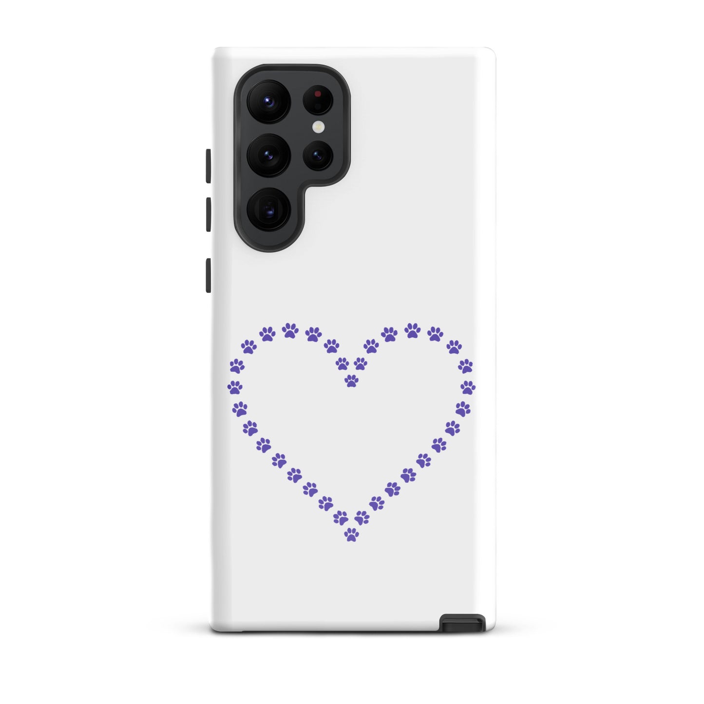 Phone Case for Samsung Galaxy with purple paw print heart design for pet lovers.