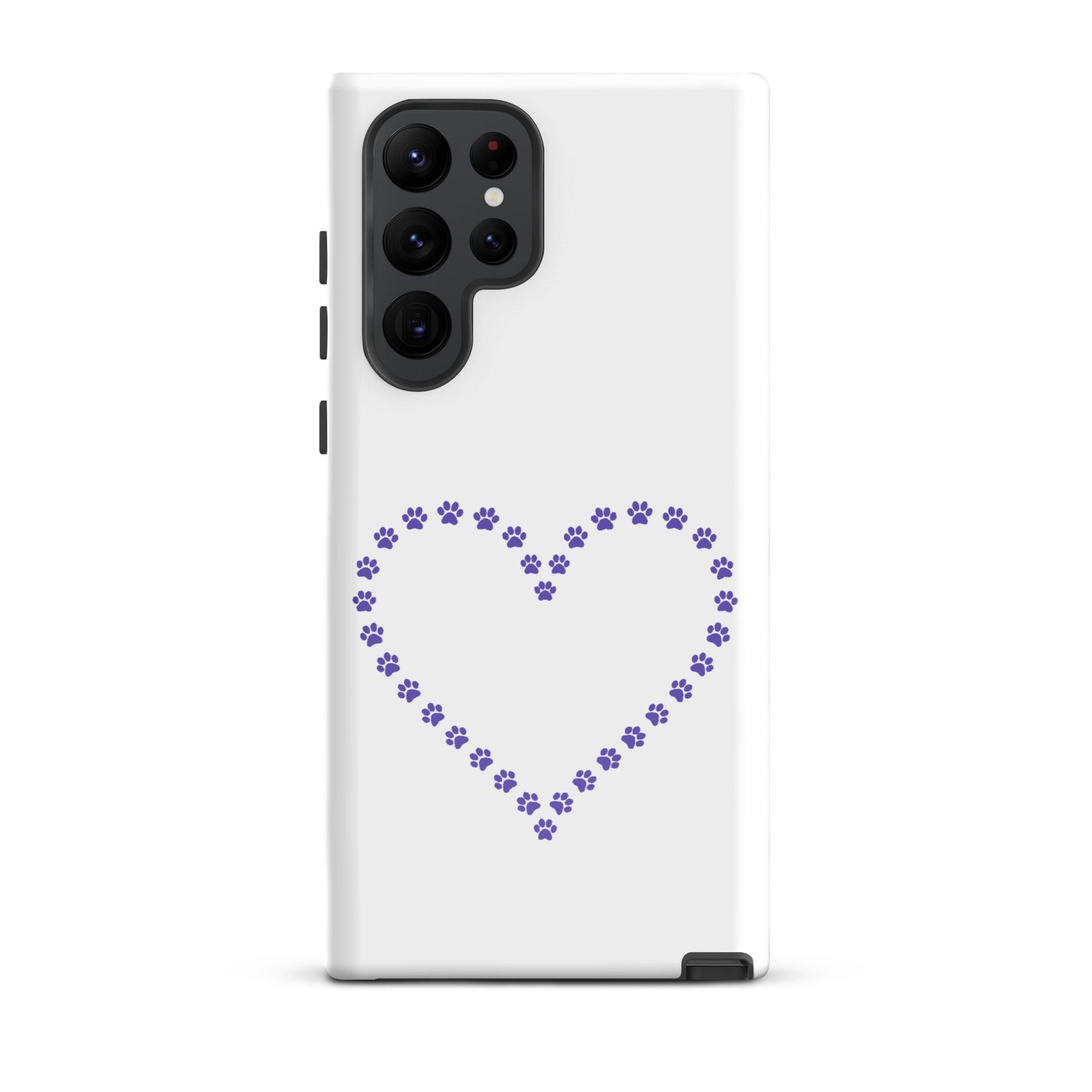 Phone Case for Samsung Galaxy with purple paw print heart design for pet lovers.