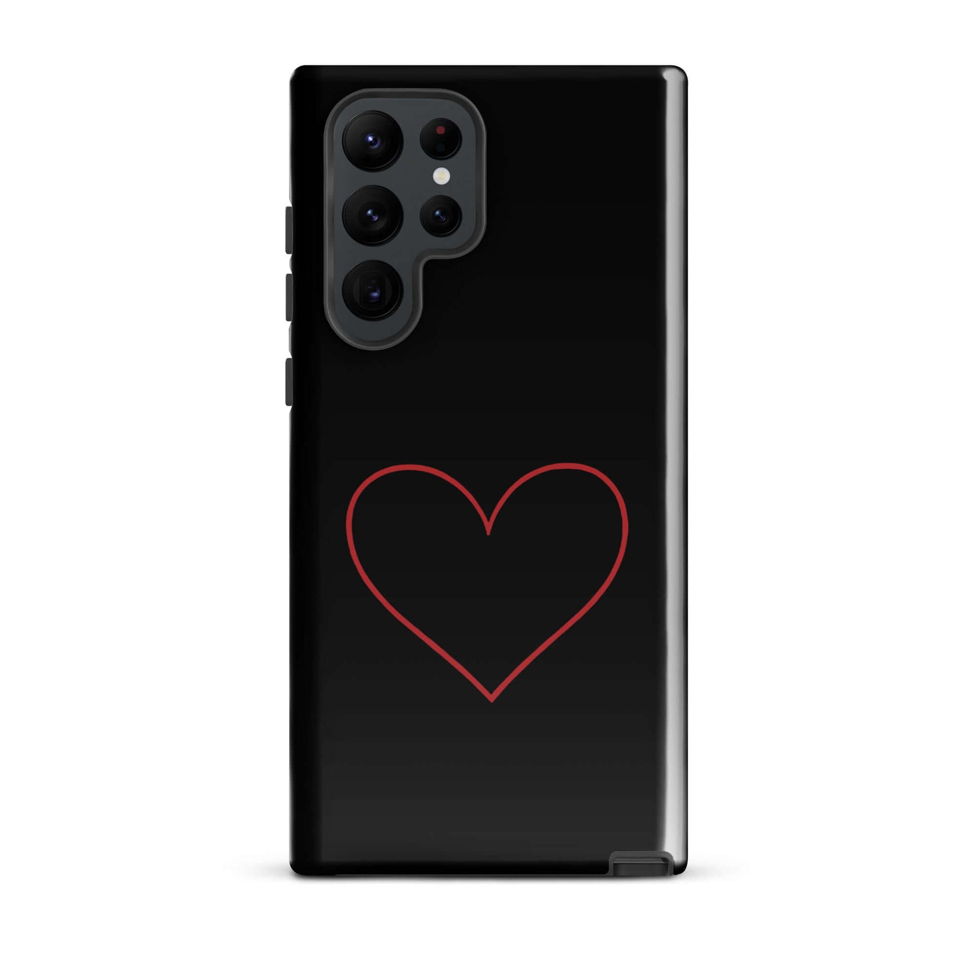 Phone Case for Samsung Galaxy featuring a minimalist crimson heart design on a sleek black background.