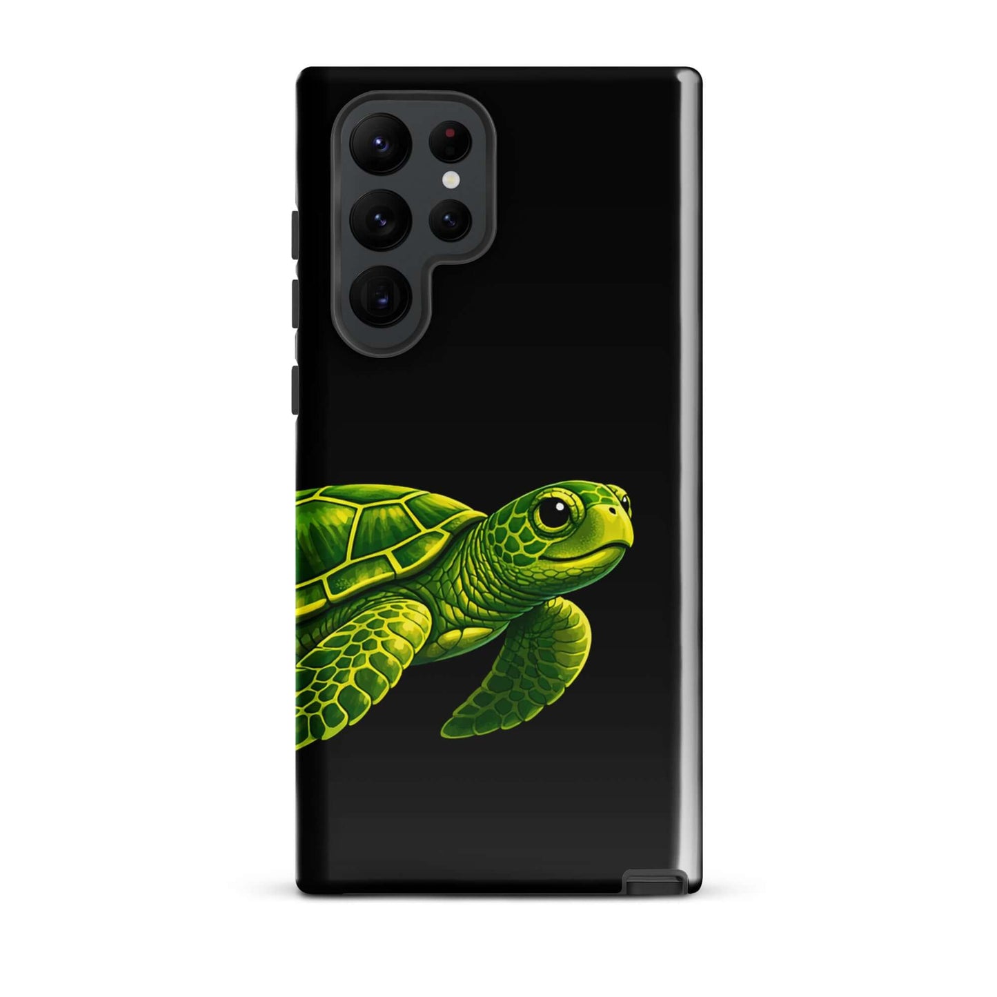 Phone case for Samsung Galaxy featuring a vibrant sea turtle design on a black background.