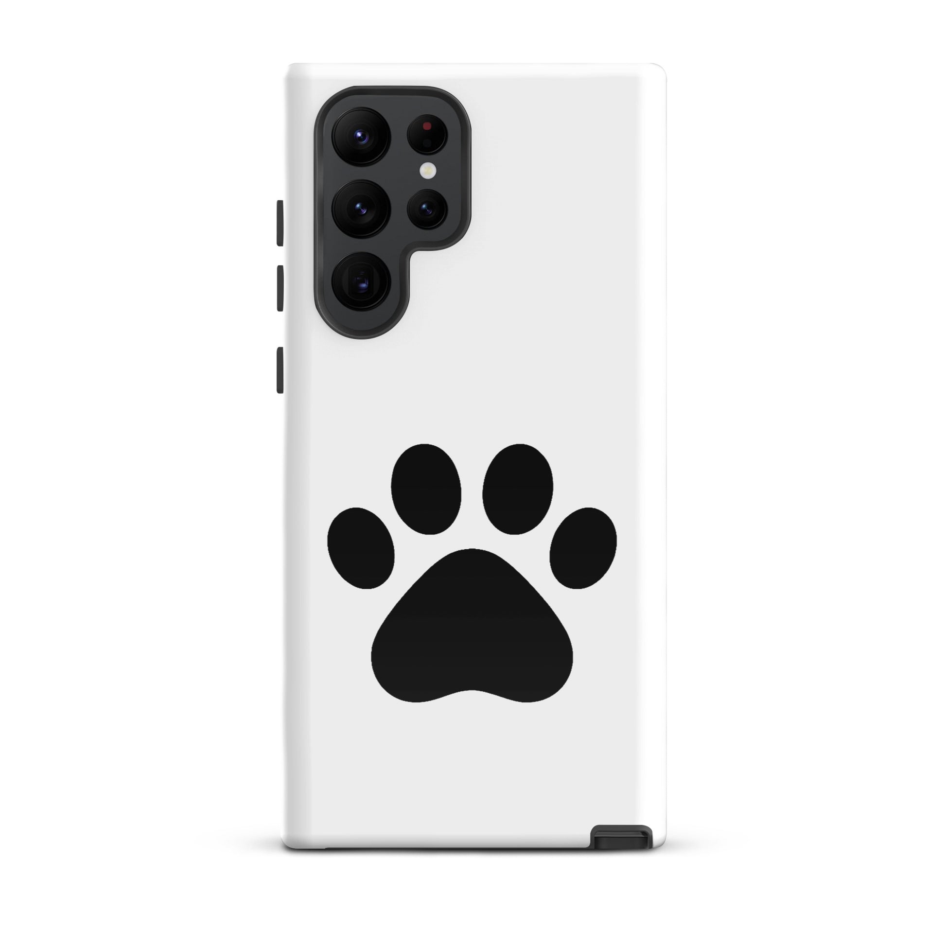 Phone Case for Samsung Galaxy featuring a sleek black paw print design on a white background.
