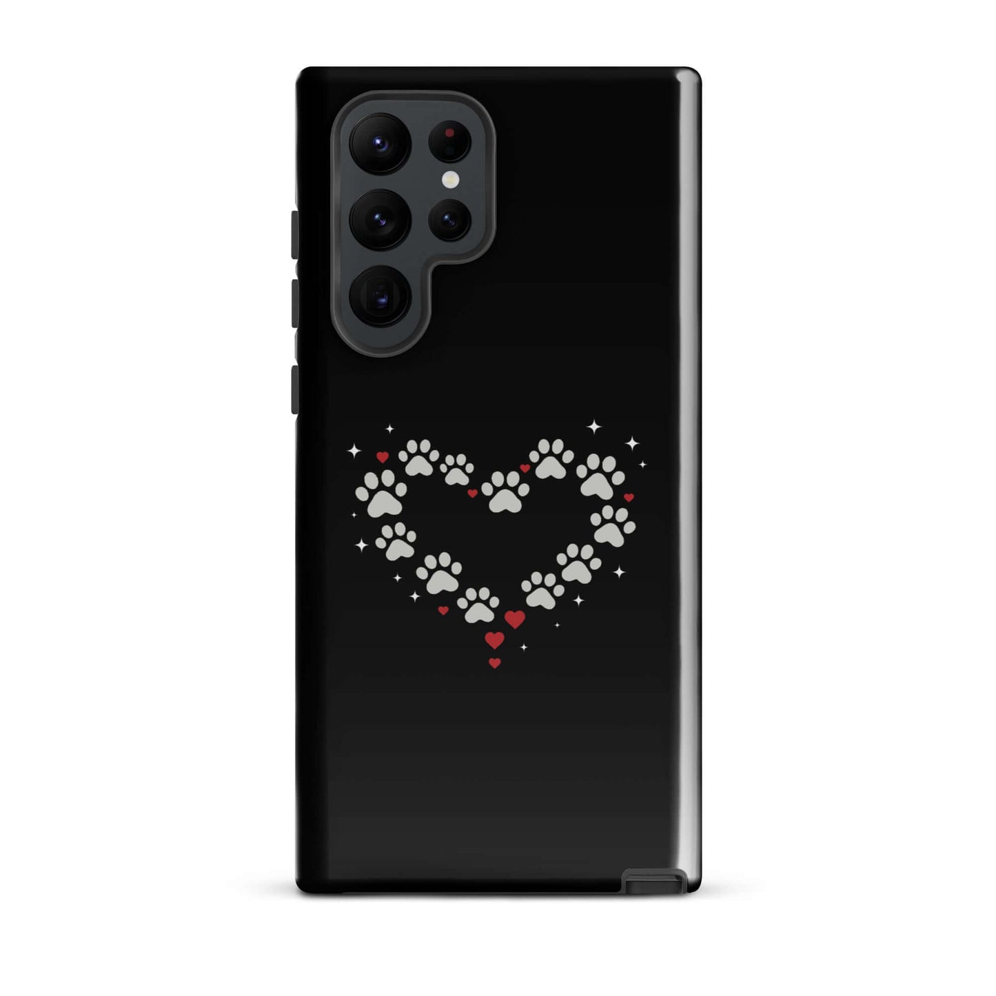 Phone Case for Samsung Galaxy with paw-print heart design on a black background.