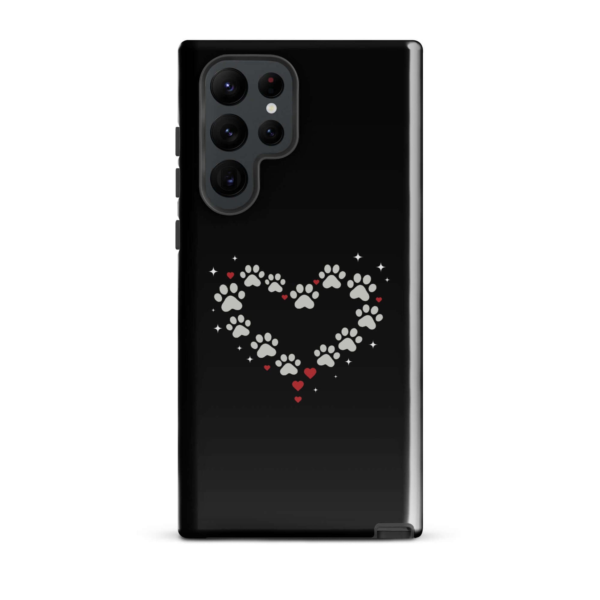 Phone Case for Samsung Galaxy with paw-print heart design on a black background.