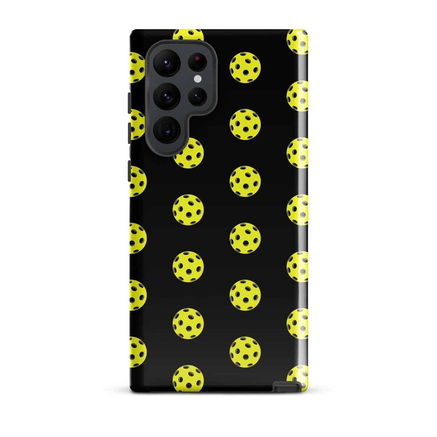 Phone Case for Samsung Galaxy with vibrant yellow pickleball pattern on a black background.