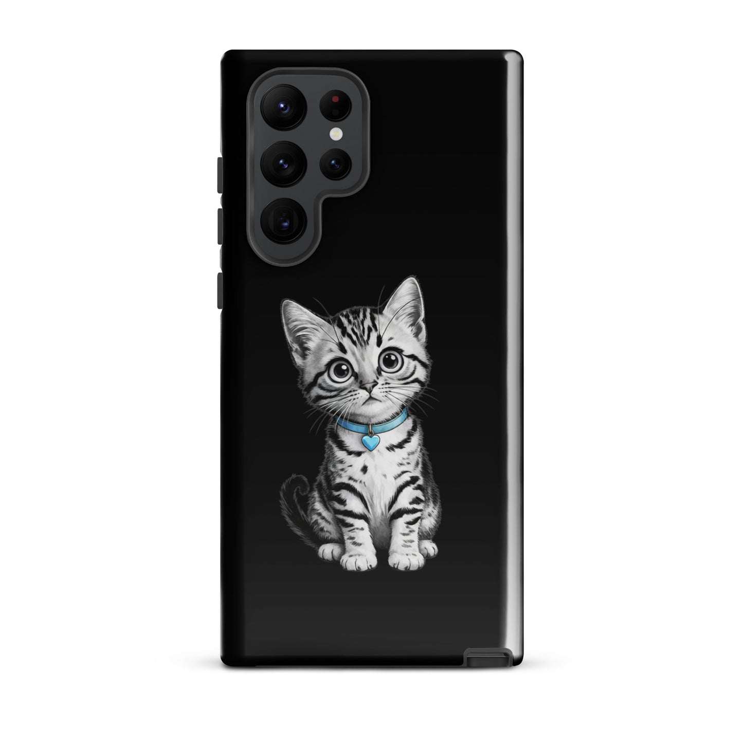 Phone Case for Samsung Galaxy with kitten sketch and blue heart charm, black-and-white design, premium protection phone accessory.