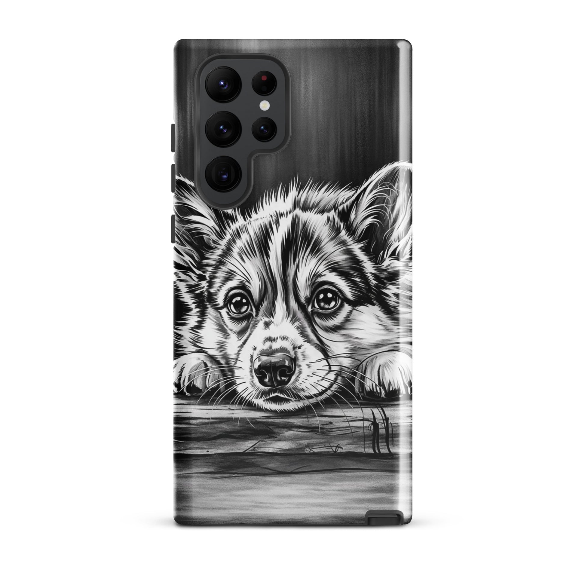Phone Case for Samsung Galaxy with elegant monochrome puppy art on aged wood background.
