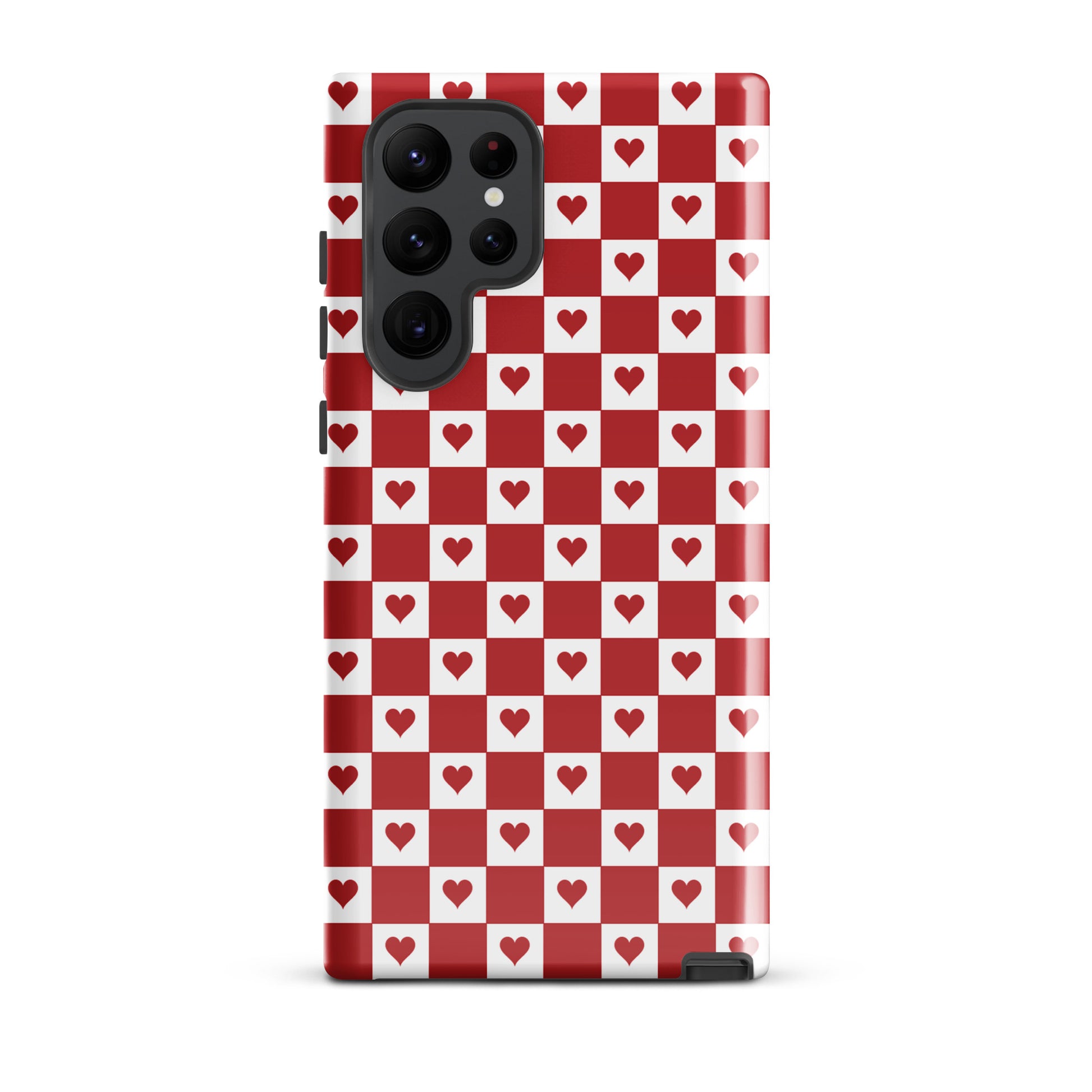 Phone Case for Samsung Galaxy with cute red heart checkered design, red and white pattern with crimson hearts, playful and charming.