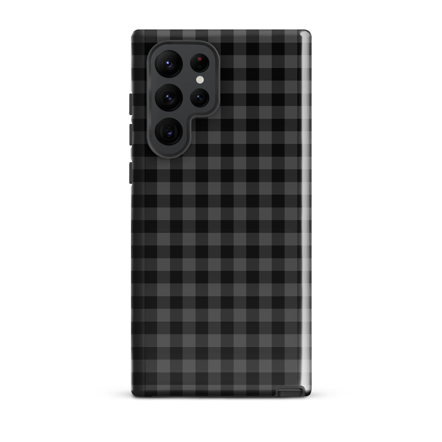 Phone Case for Samsung Galaxy with black-and-charcoal gingham pattern, combining style and protection.
