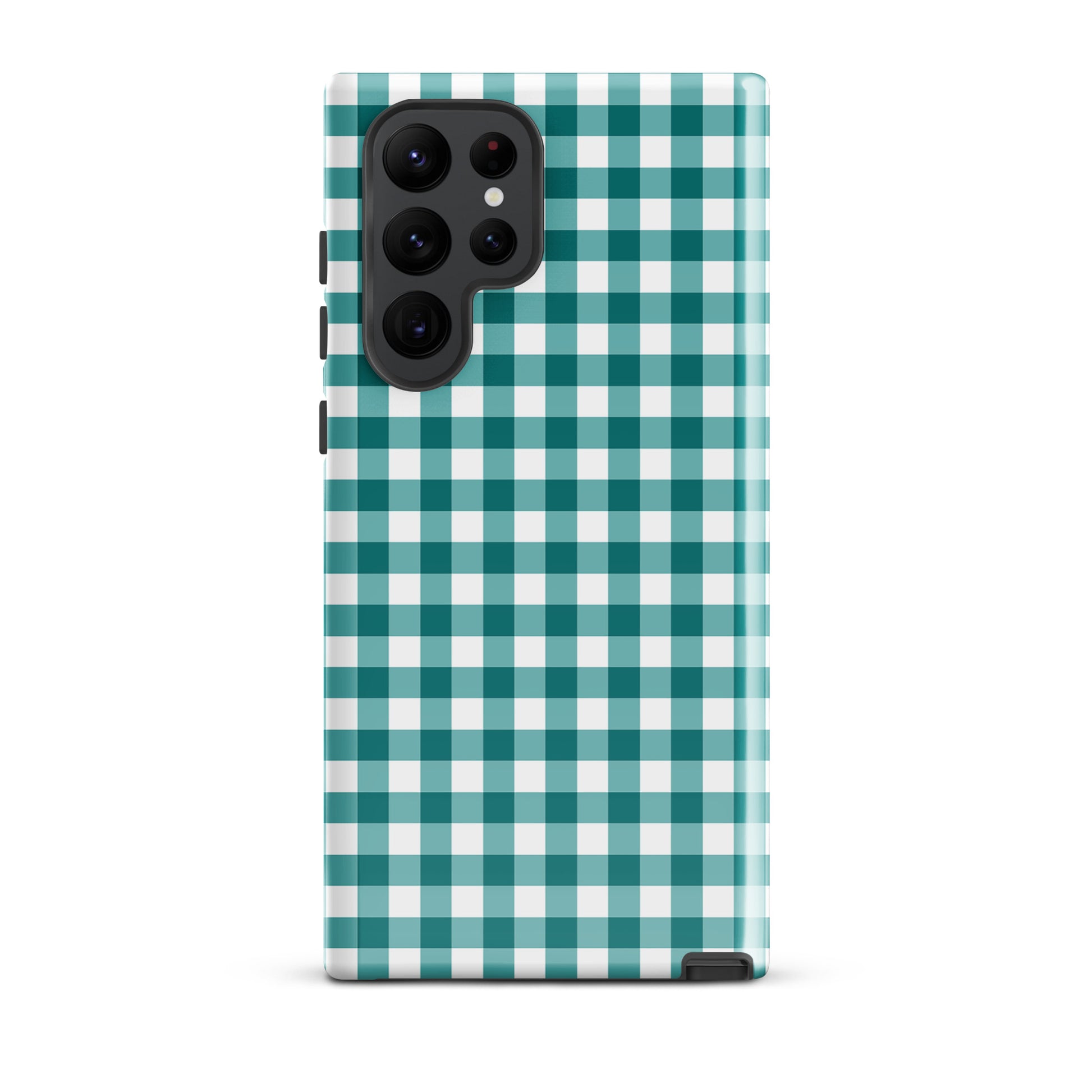 Phone Case for Samsung Galaxy with teal and white gingham pattern, offering style and protection.