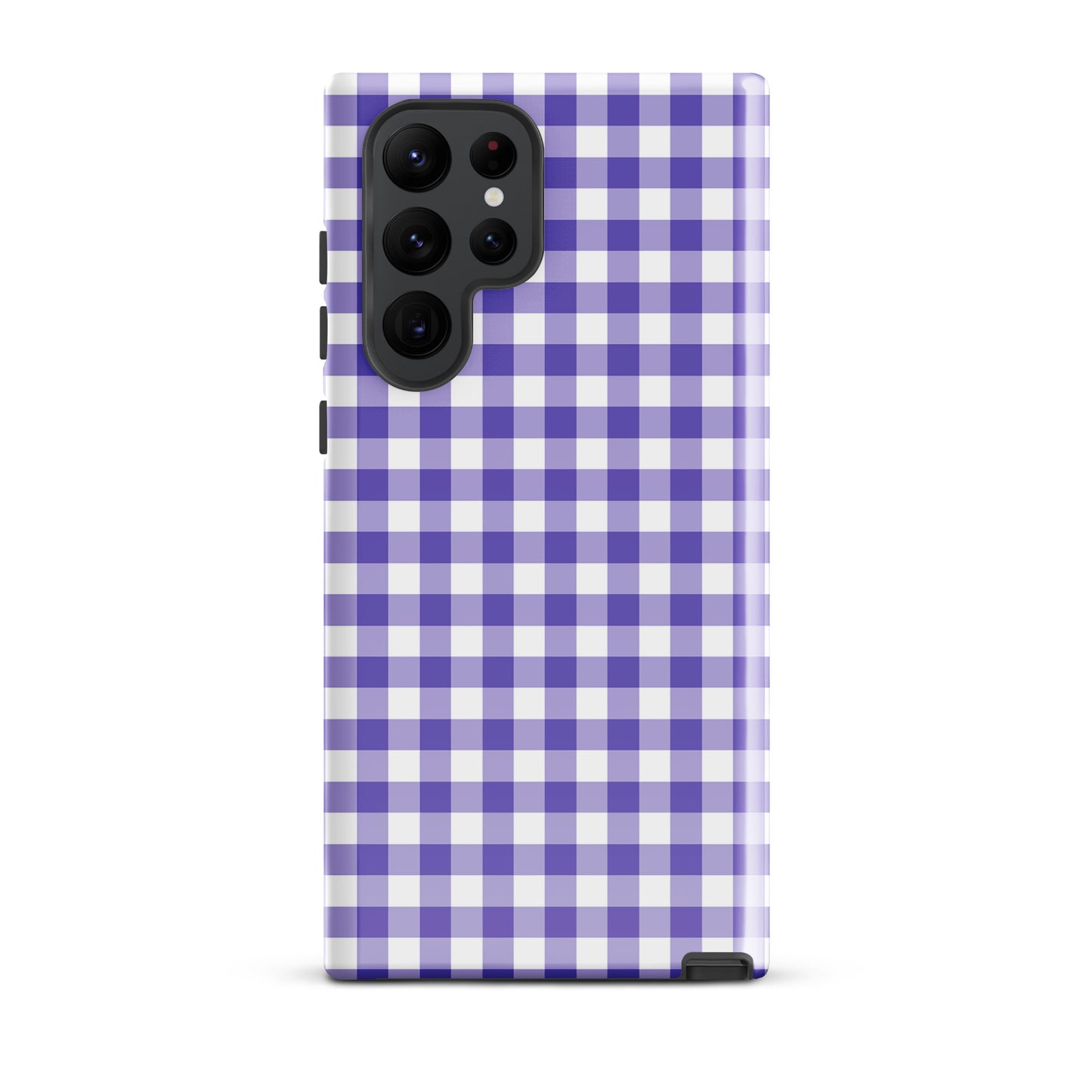 Phone case for Samsung Galaxy with purple gingham pattern, offering style and protection.