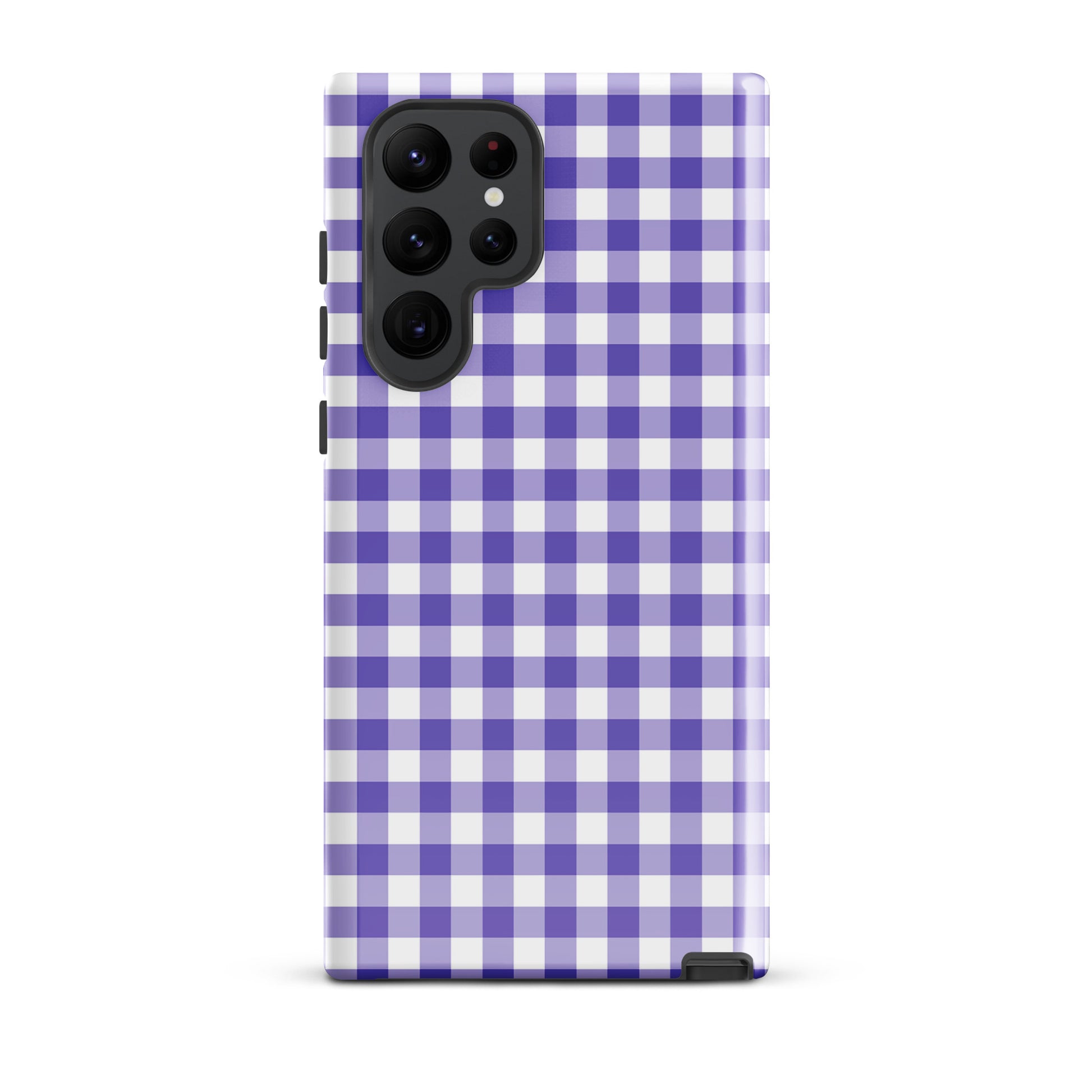 Phone case for Samsung Galaxy with purple gingham pattern, offering style and protection.