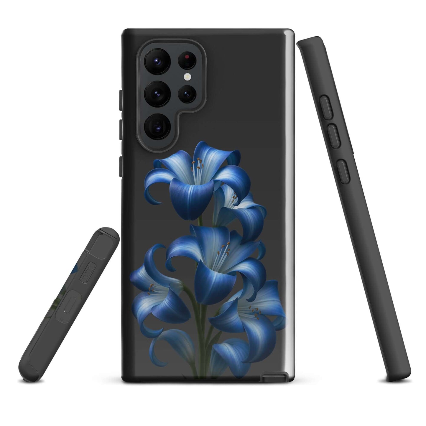 Phone Case for Samsung Galaxy featuring vibrant blue lily bloom art on a sleek dark backdrop with protective dual-layer design.