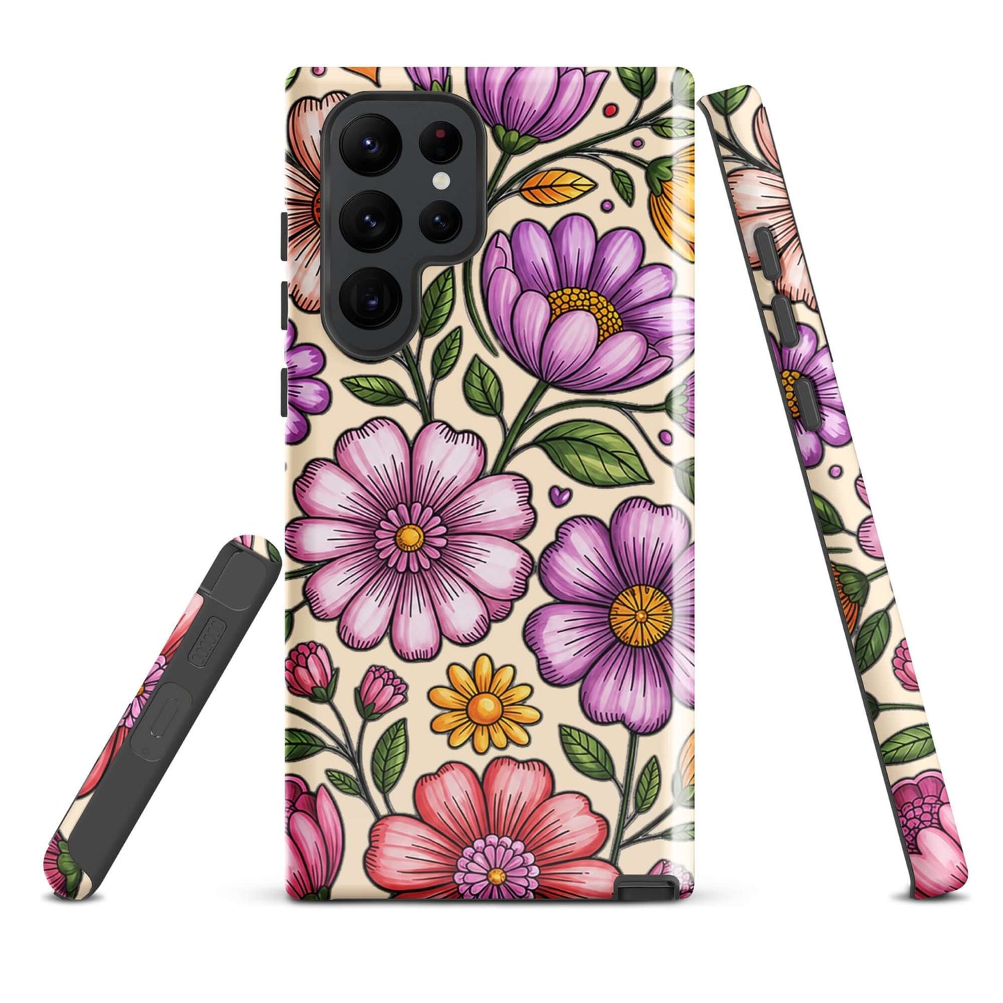 Phone Case for Samsung Galaxy with pastel floral design, featuring pink, peach, lavender, yellow flowers on durable shell.