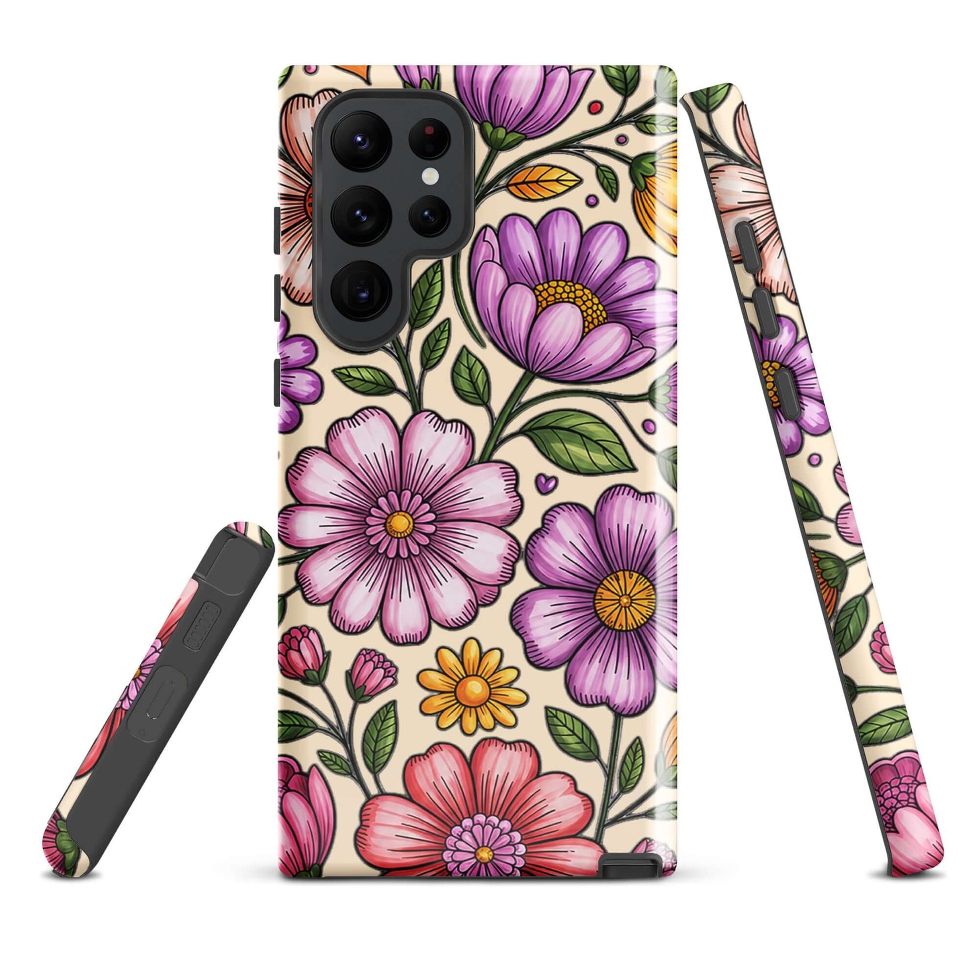 Phone Case for Samsung Galaxy with pastel floral design, featuring pink, peach, lavender, yellow flowers on durable shell.