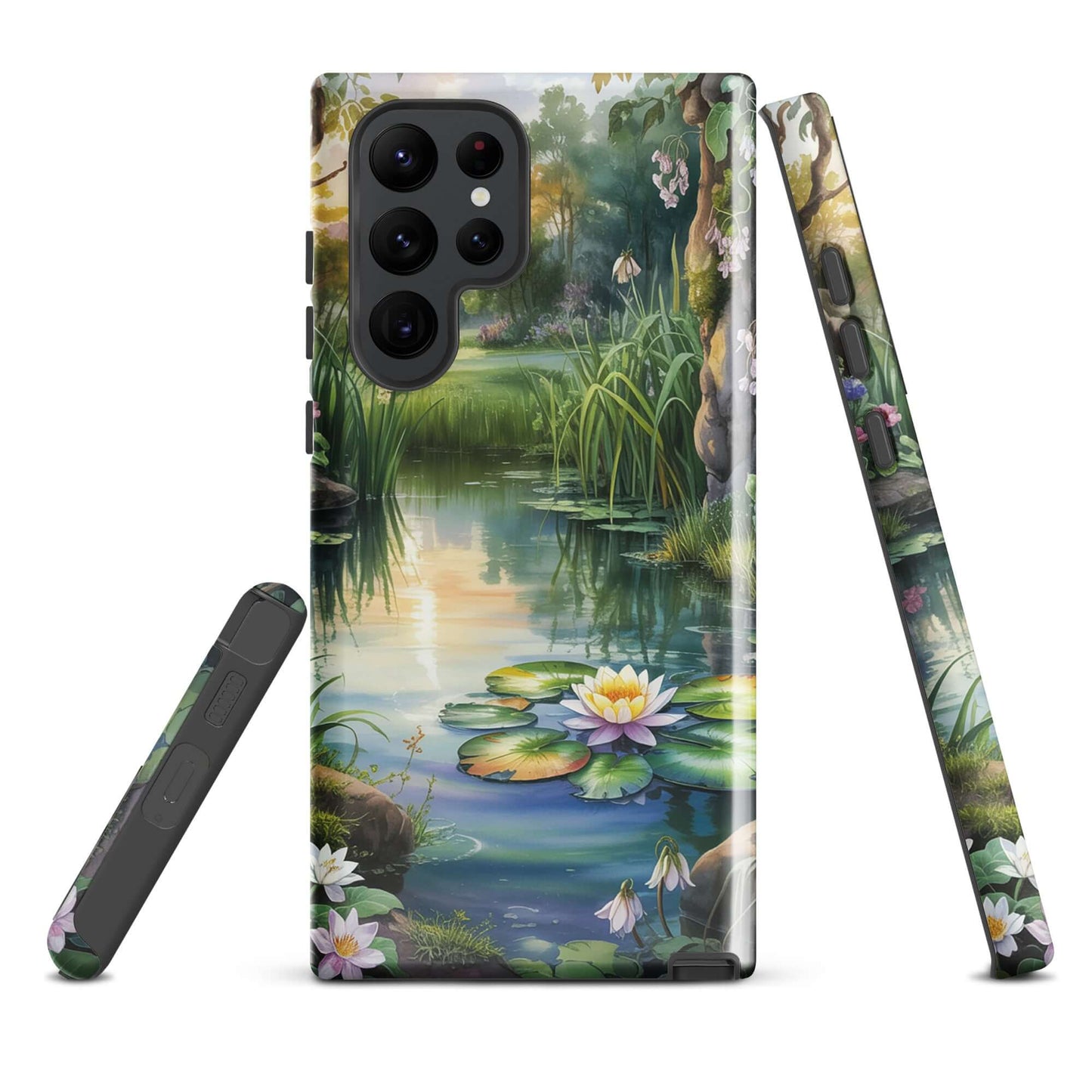 Phone Case for Samsung Galaxy with enchanted pond design featuring lily pads and wildflowers.