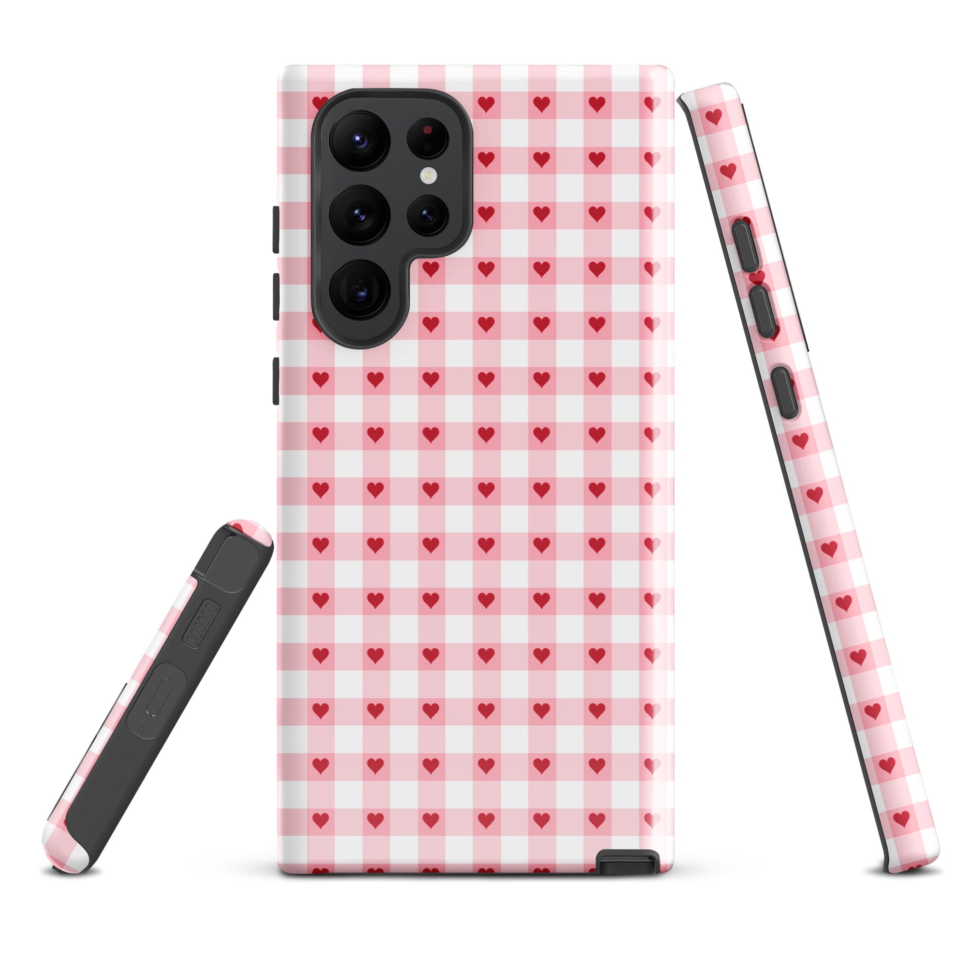 Phone Case for Samsung Galaxy with pink-and-white gingham heart pattern, showing chic design and durable craftsmanship.
