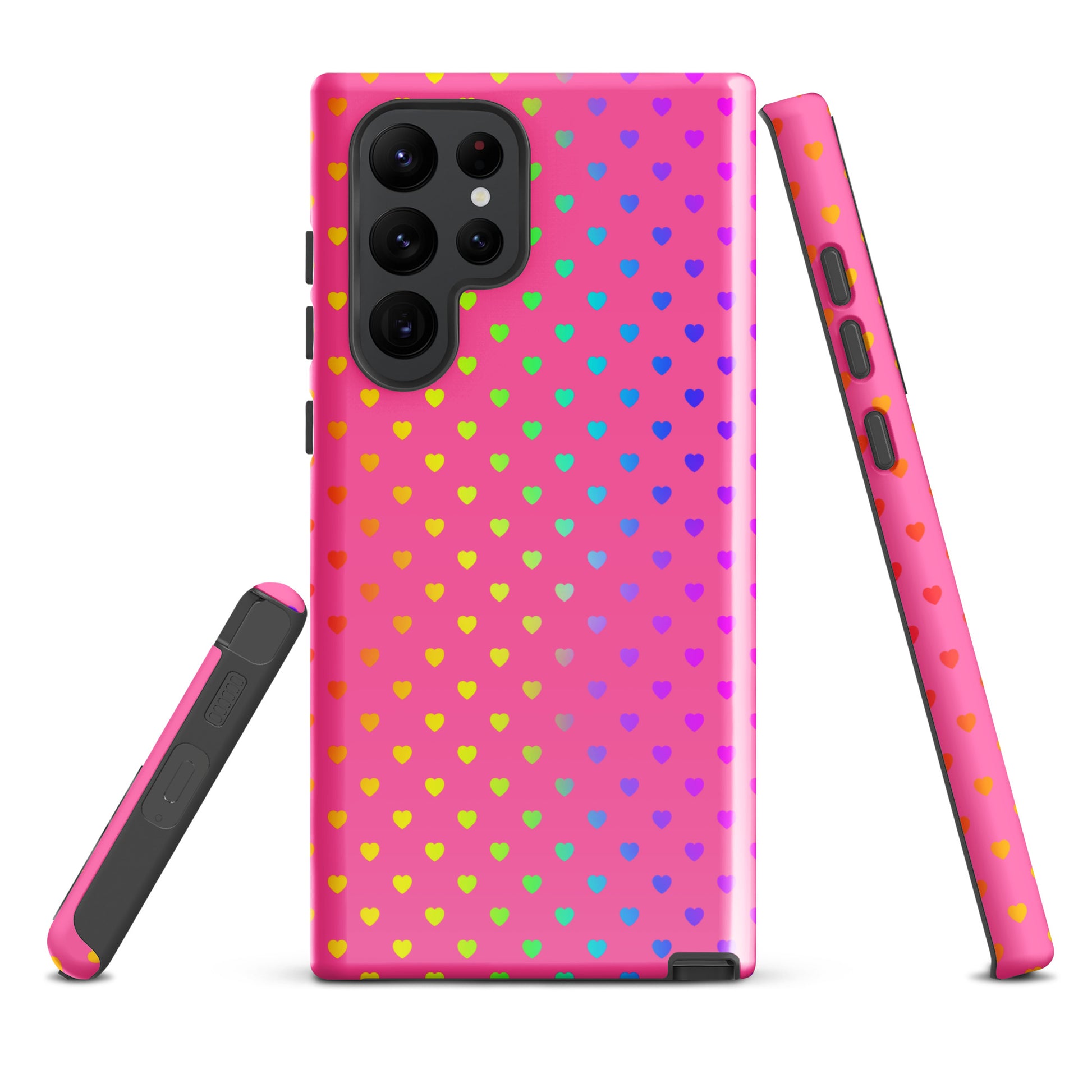 Phone case for Samsung Galaxy with cute rainbow heart design on bright pink background, showcasing vibrant colors and dual-layer protection.