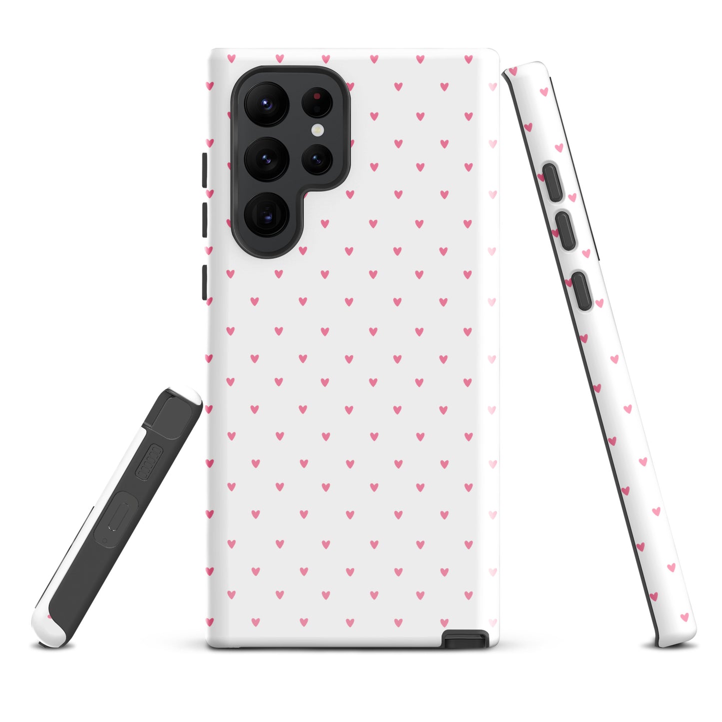 Phone Case for Samsung Galaxy with heart-dot pattern, playful and modern design, minimalist style with pink hearts on white background.