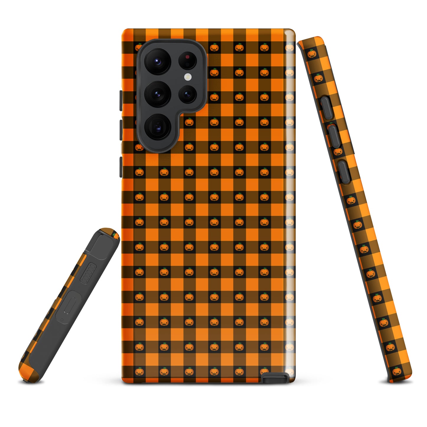 Phone Case for Samsung Galaxy with playful pumpkin gingham pattern, perfect for Halloween. Cute and quirky festive design for seasonal cheer.