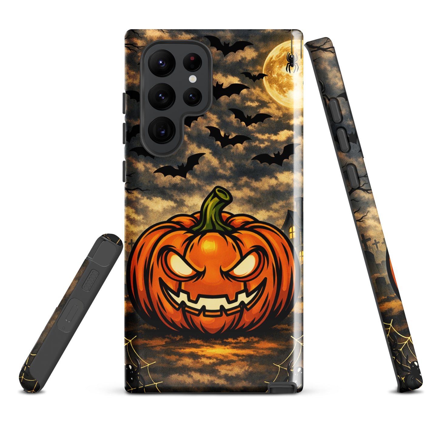 Phone Case for Samsung Galaxy featuring a Halloween scene with a glowing pumpkin, bats, and moonlit sky.