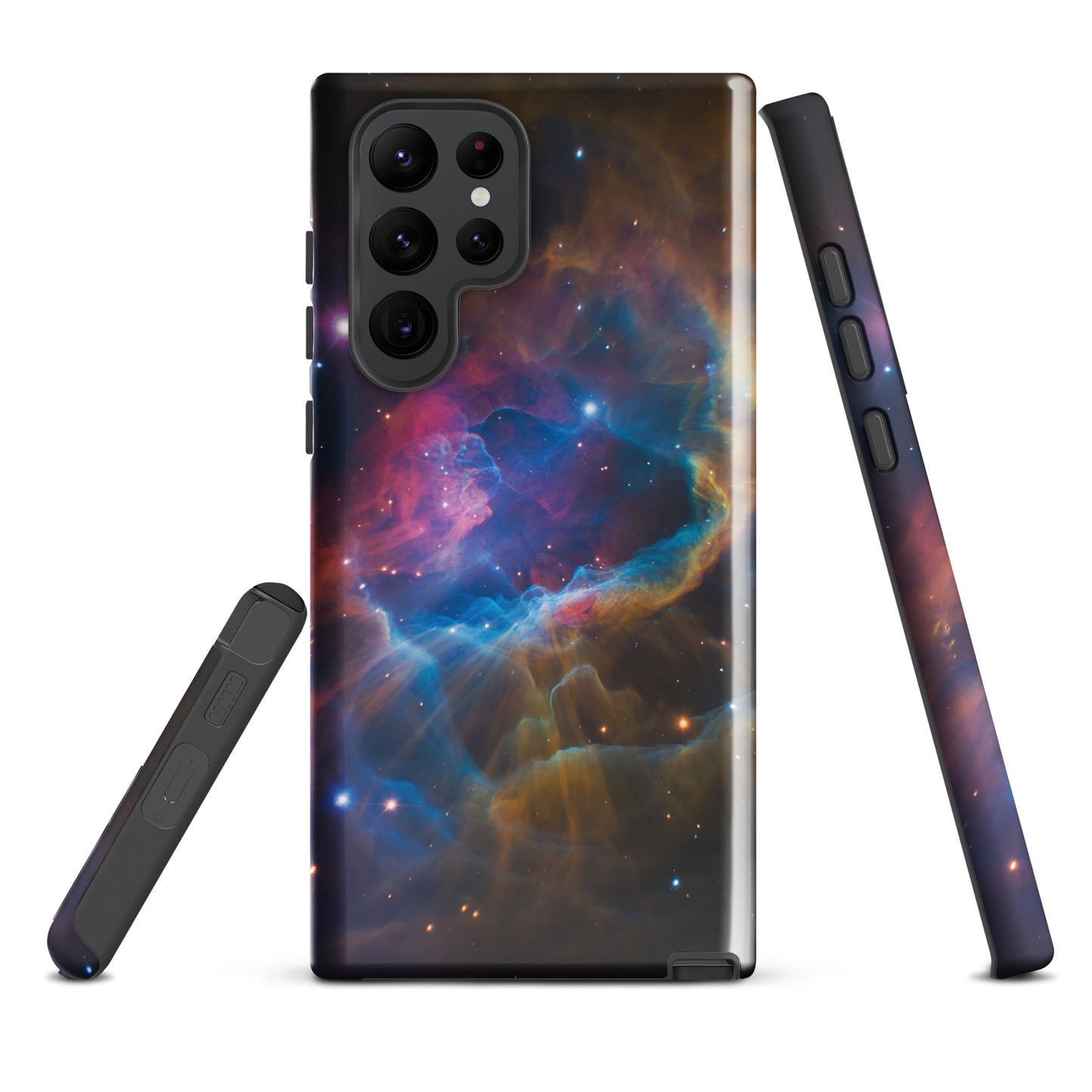 Phone Case for Samsung Galaxy with nebula design in cosmic blues, oranges, and pinks, featuring a protective starburst theme.