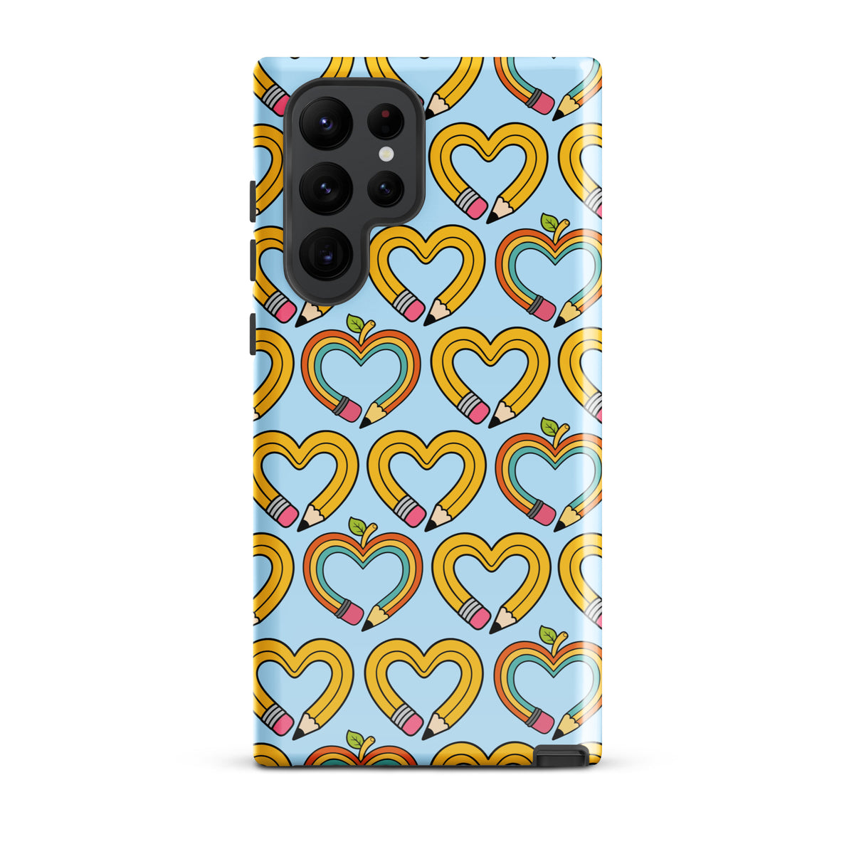 Phone Case for Samsung Galaxy with playful pencil-heart pattern and green leaves, symbolizing creativity and growth.