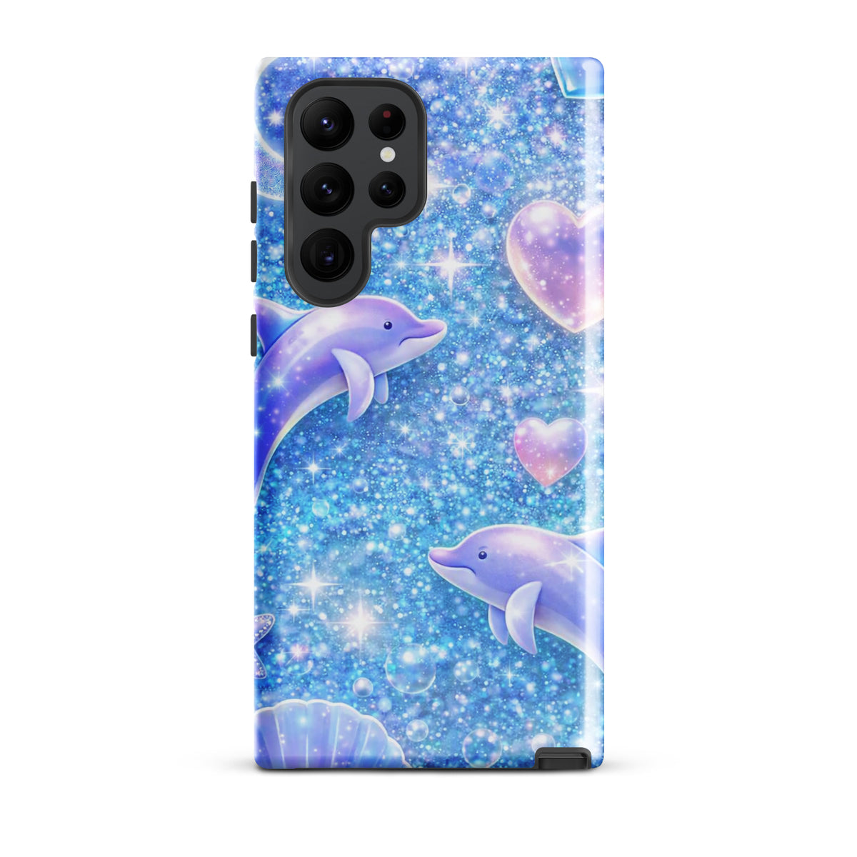 Phone Case for Samsung Galaxy with Ocean Glitter Dolphins design, featuring sparkly liquid glitter, pastel moons, celestial accents.