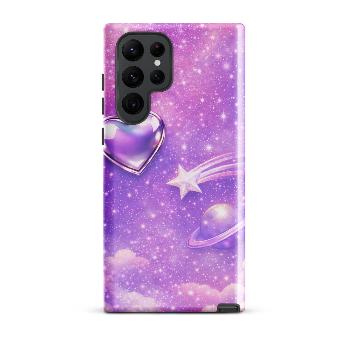 Phone Case for Samsung Galaxy with cosmic heart and shooting star design over pastel clouds and twinkling stars.