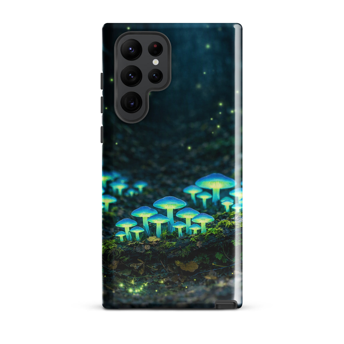 Phone Case for Samsung Galaxy with glowing forest mushrooms design, featuring ethereal blue-green bioluminescent mushrooms in a misty woodland scene