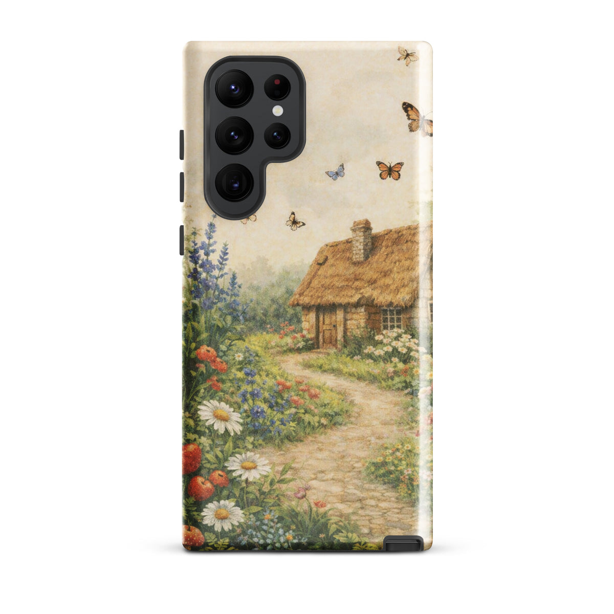 Phone Case for Samsung Galaxy featuring cottage garden art with daisies, poppies, lavender, and a thatched-roof stone cottage design.