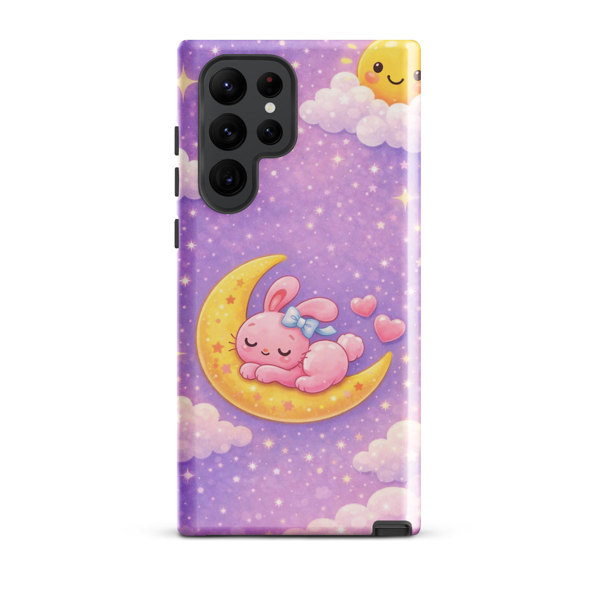 Phone Case for Samsung Galaxy - Cute, Cozy, Dreamy Bunny Moon Design featuring a pink bunny on crescent moon with stars.