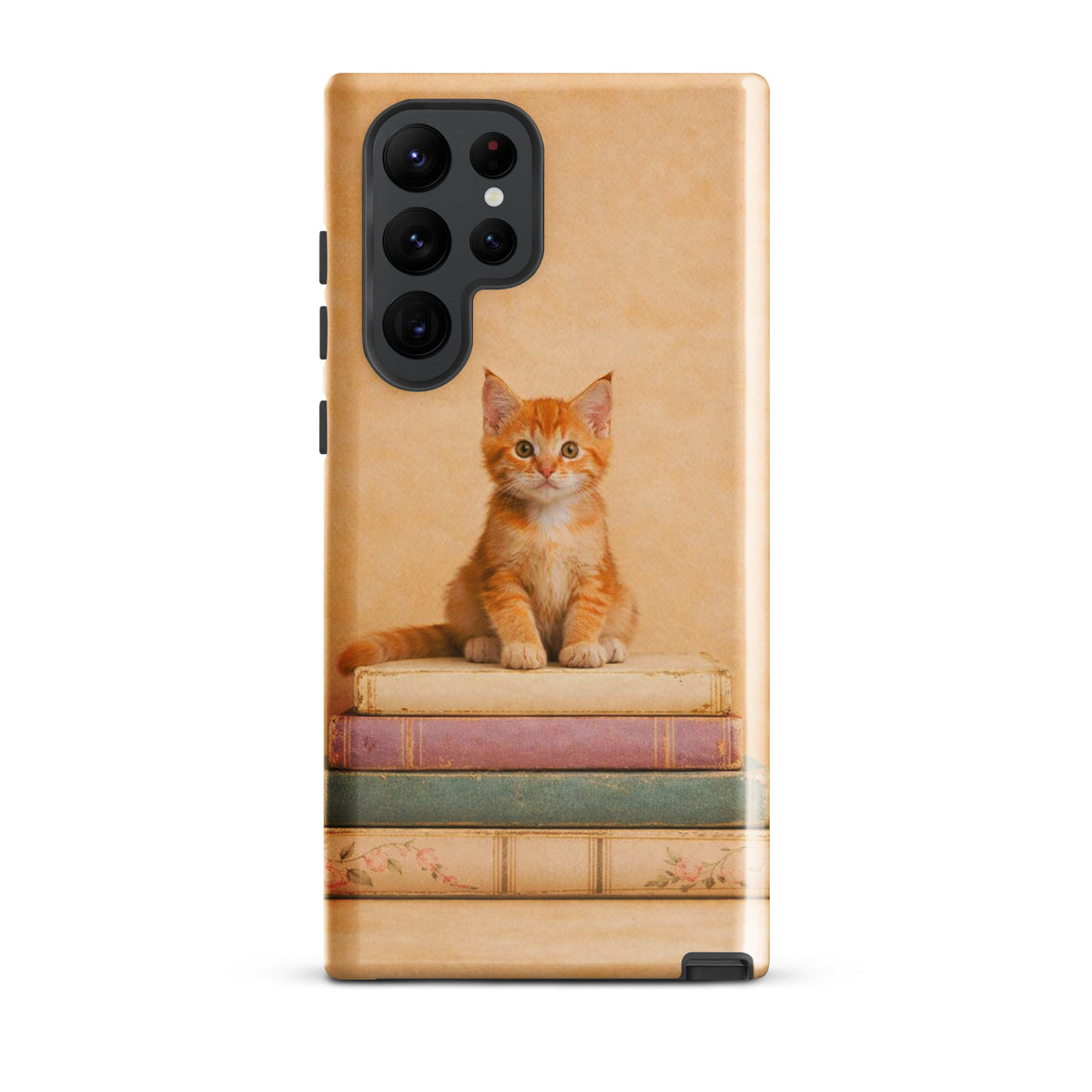 Phone Case for Samsung Galaxy with orange tabby kitten on vintage books design, adds cozy charm.