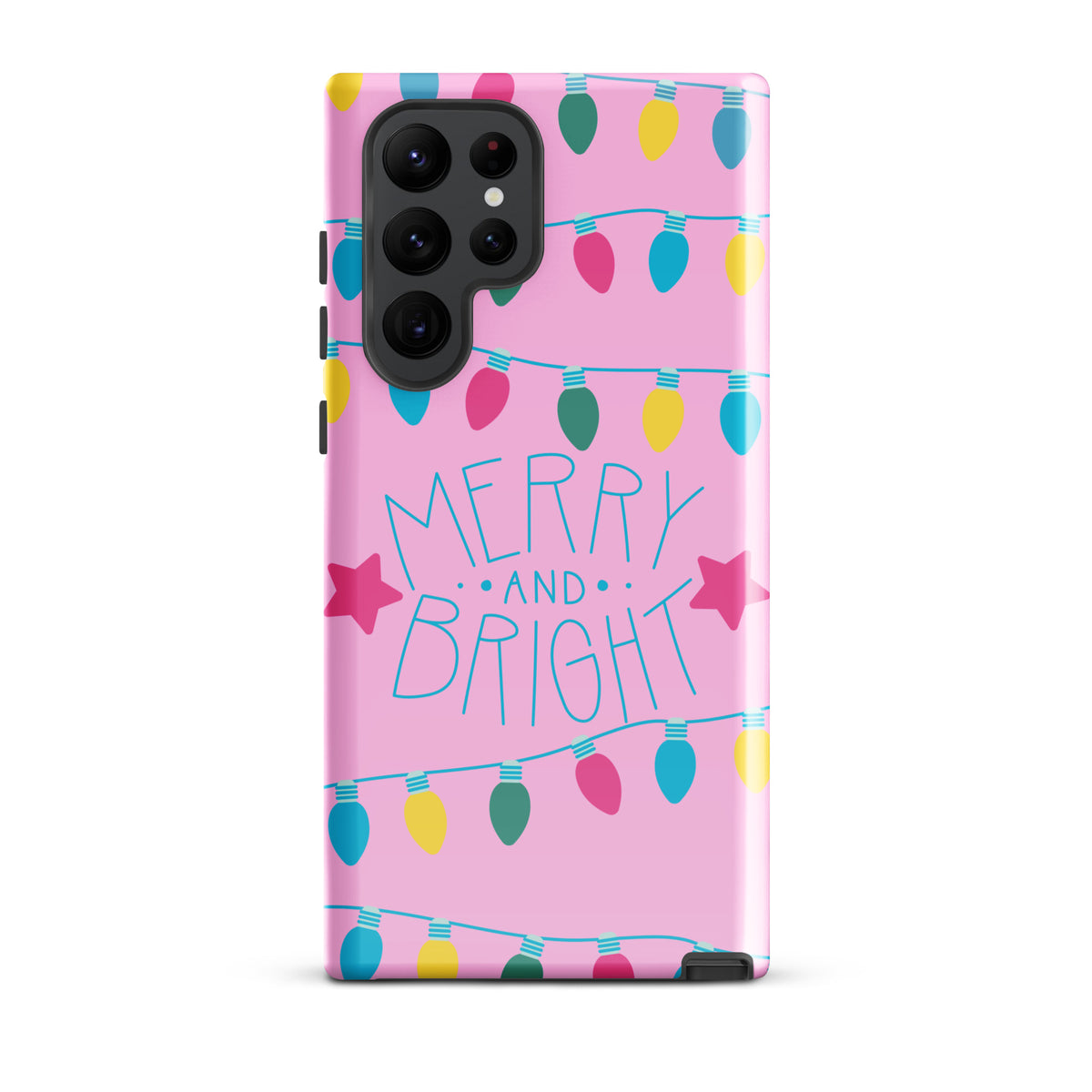 Phone Case for Samsung Galaxy with holiday lights and 'Merry and Bright' design, pink background, festive colored bulbs.