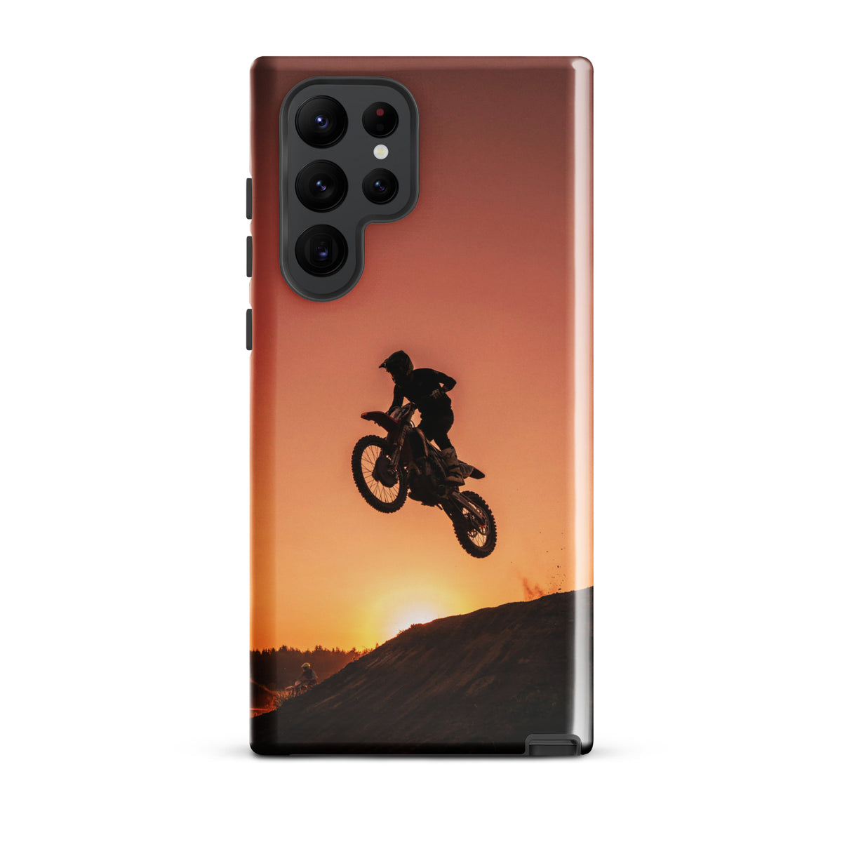 Phone Case for Samsung Galaxy with motocross sunset dirt bike design, featuring a silhouette jump against a glowing copper and orange sky.