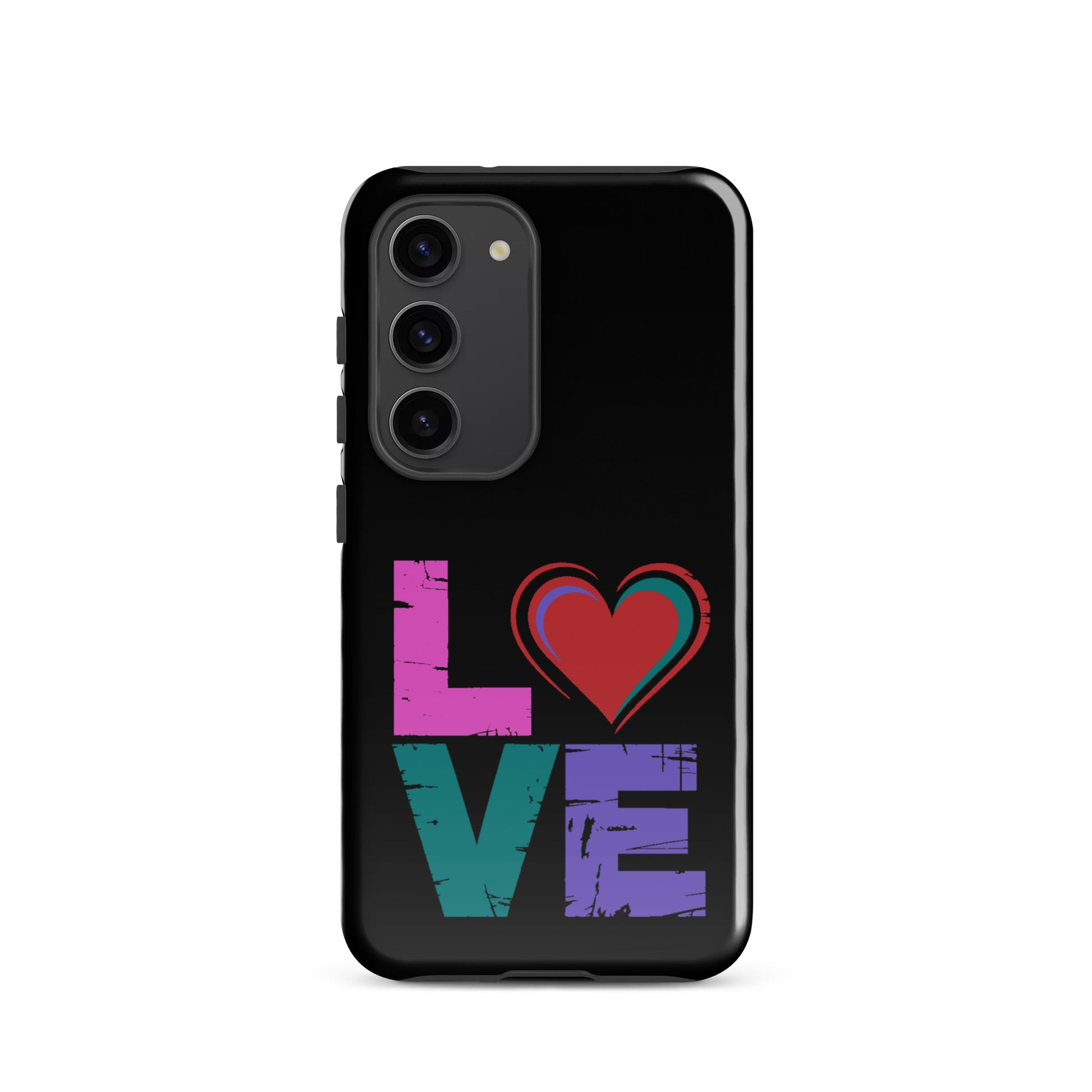 Tough case for Samsung Galaxy Phones featuring the word 'love' and a heart design.