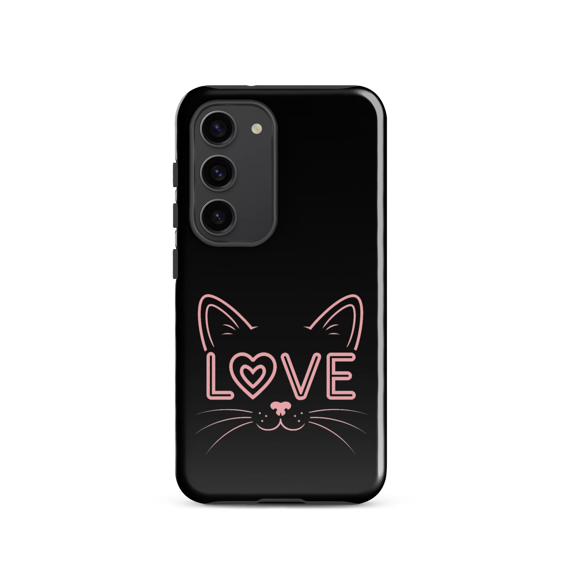 Cat Love Phone Case for Samsung Galaxy with minimalist cat face and 'love' in eye design.