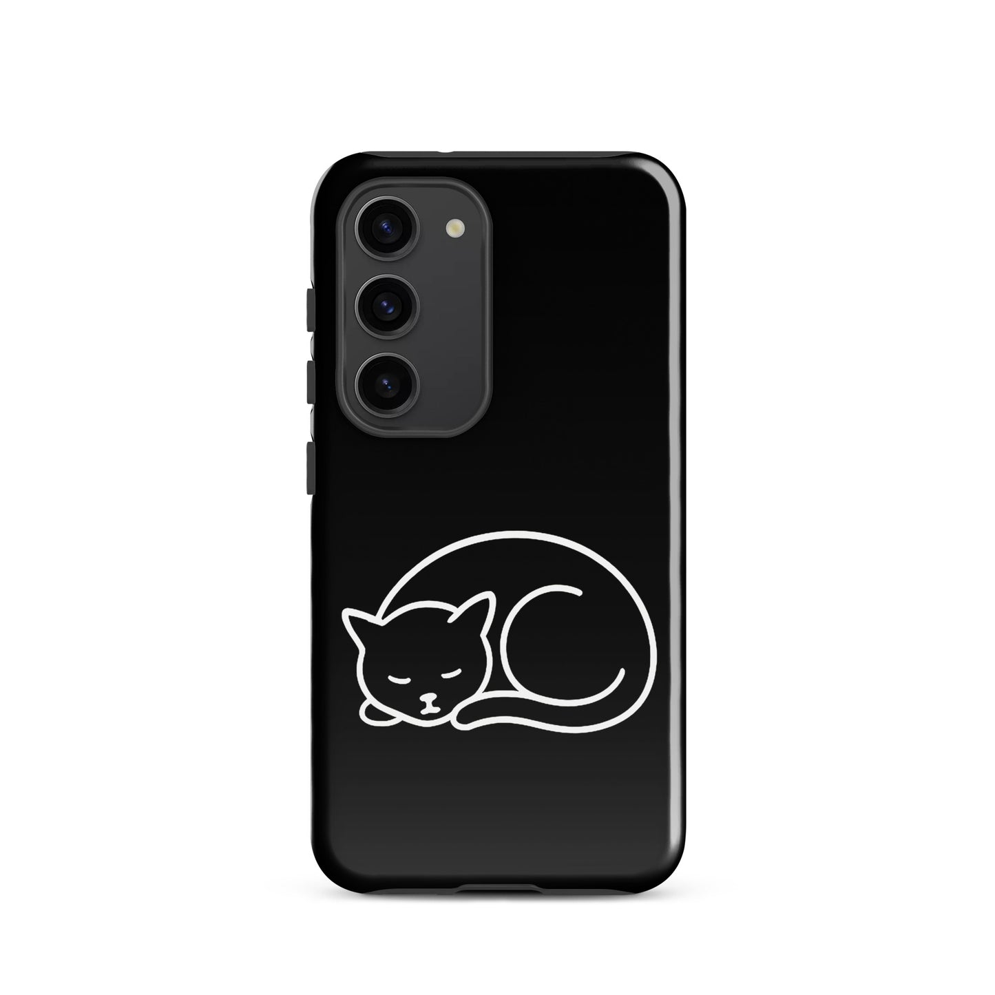 Phone Case for Samsung Galaxy Phones with minimalist curled-up cat design in white on black