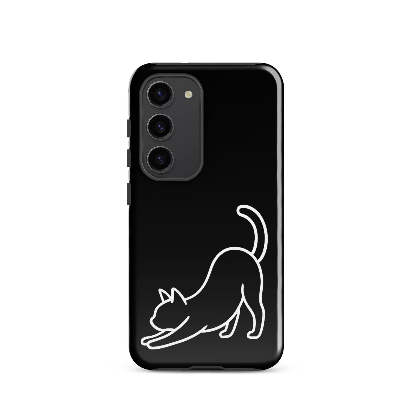 Phone Case for Samsung Galaxy featuring a minimalist stretching cat design on a sleek black background.