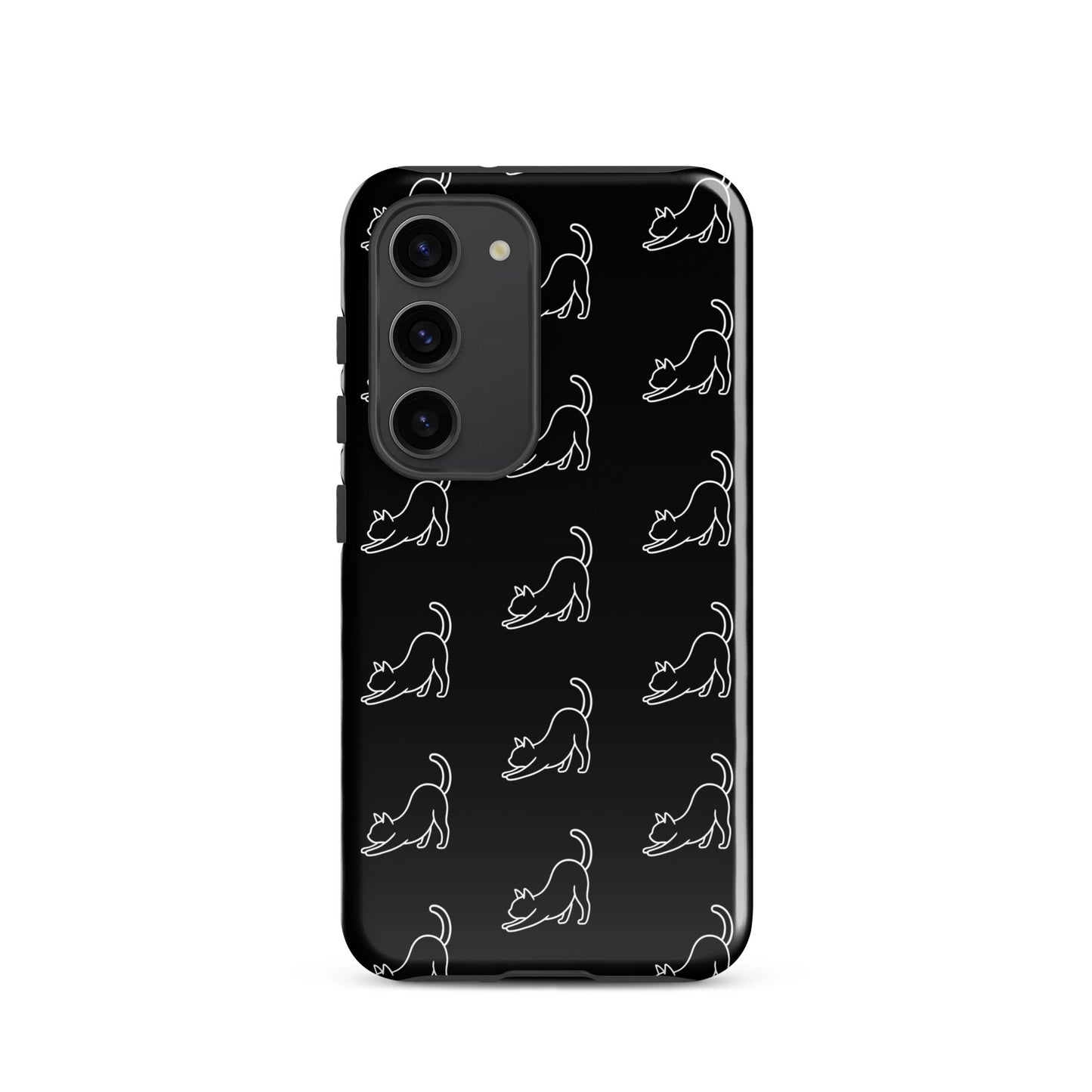 Phone Case for Samsung Galaxy featuring a minimalist stretching cat pattern on a black background.