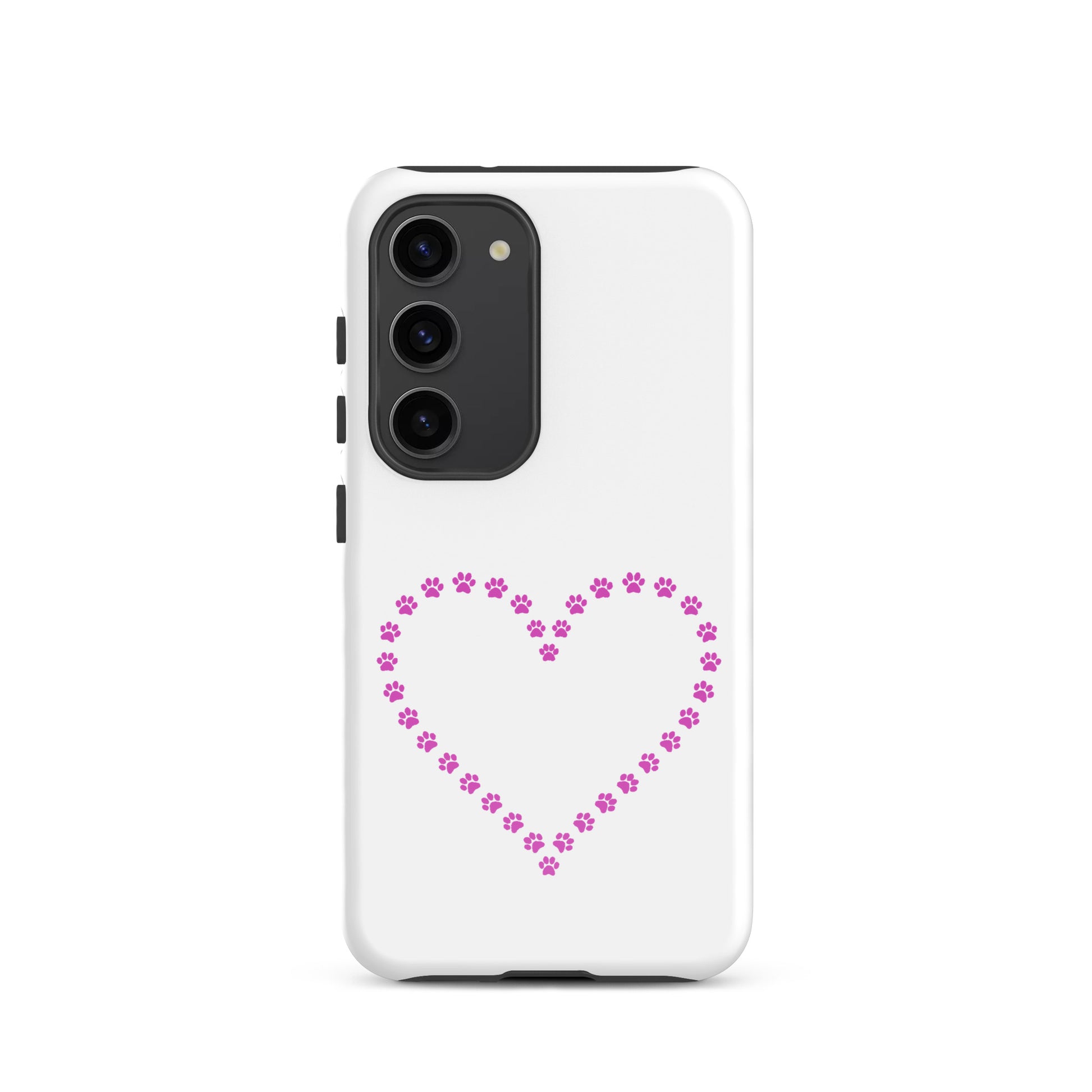 Phone Case for Samsung Galaxy with pink paw print heart design for pet lovers.