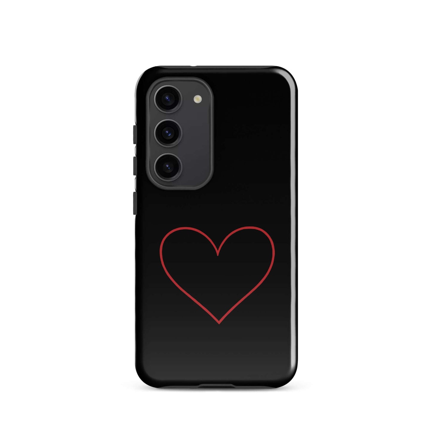 Phone Case for Samsung Galaxy featuring a minimalist crimson heart design on a sleek black background.