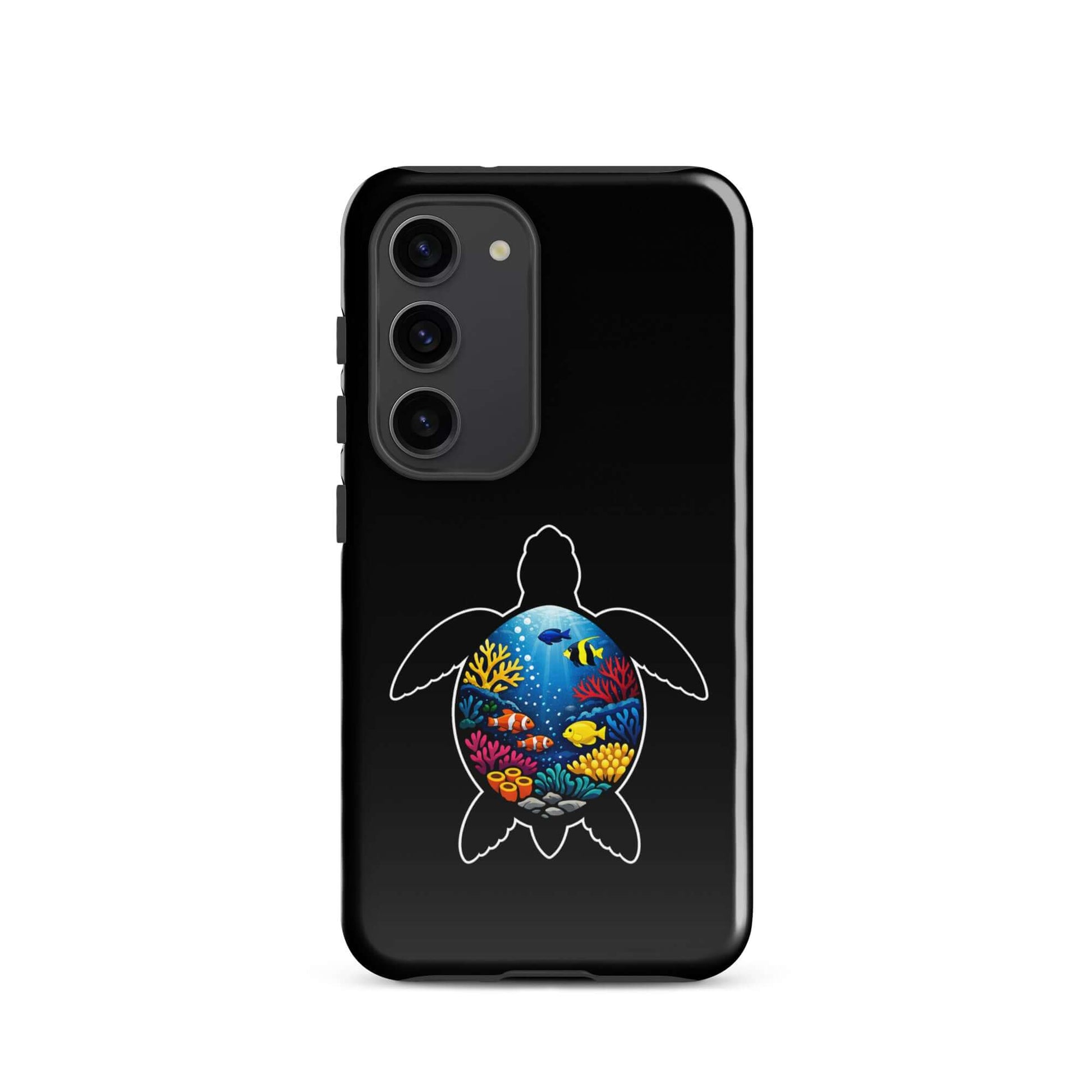 Vibrant sea turtle reef design on a phone case for Samsung Galaxy, showcasing colorful coral and marine life.