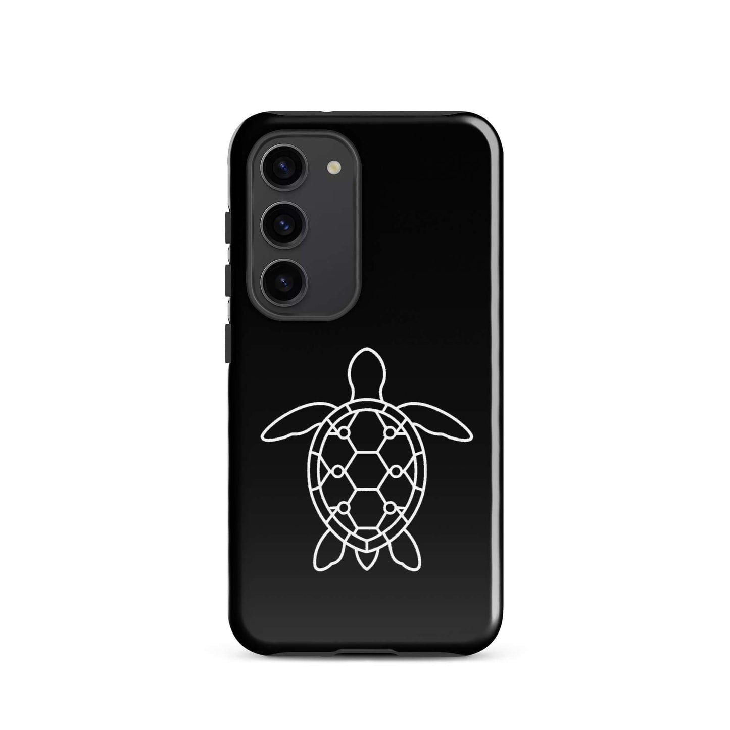 Phone case for Samsung Galaxy with minimalist sea turtle silhouette design in white on a black background.
