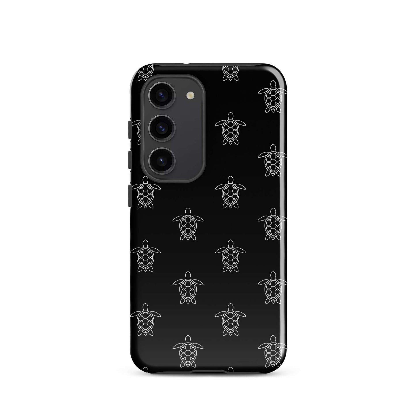 Phone Case for Samsung Galaxy featuring minimalist sea turtle pattern in white on a black background.