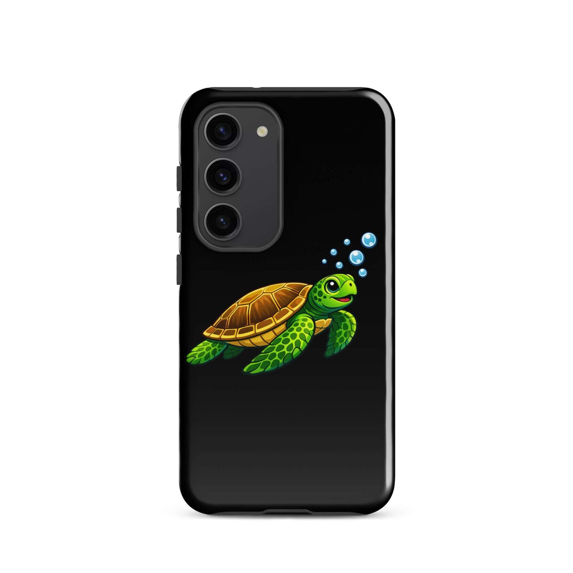 Phone Case featuring vibrant sea turtle artwork swimming with bubbles on a sleek black background.