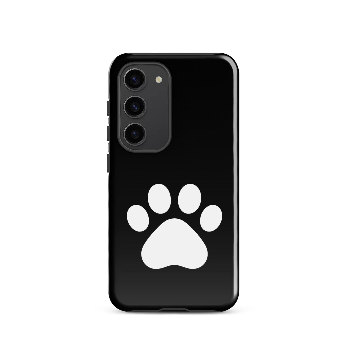 Phone Case for Samsung Galaxy featuring a minimalist white paw print design on a sleek black background.