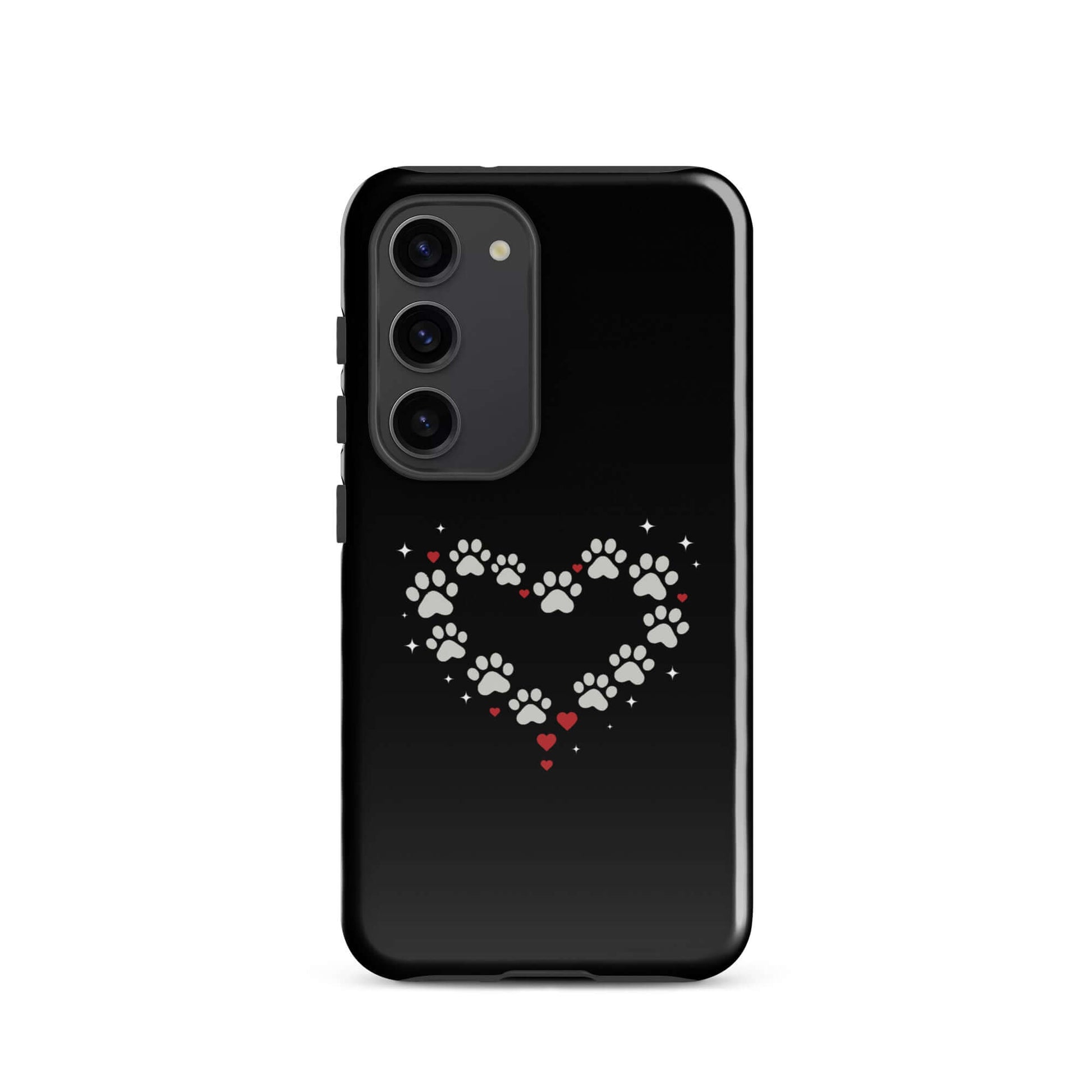 Phone Case for Samsung Galaxy featuring a paw-print heart design with a bold black background.