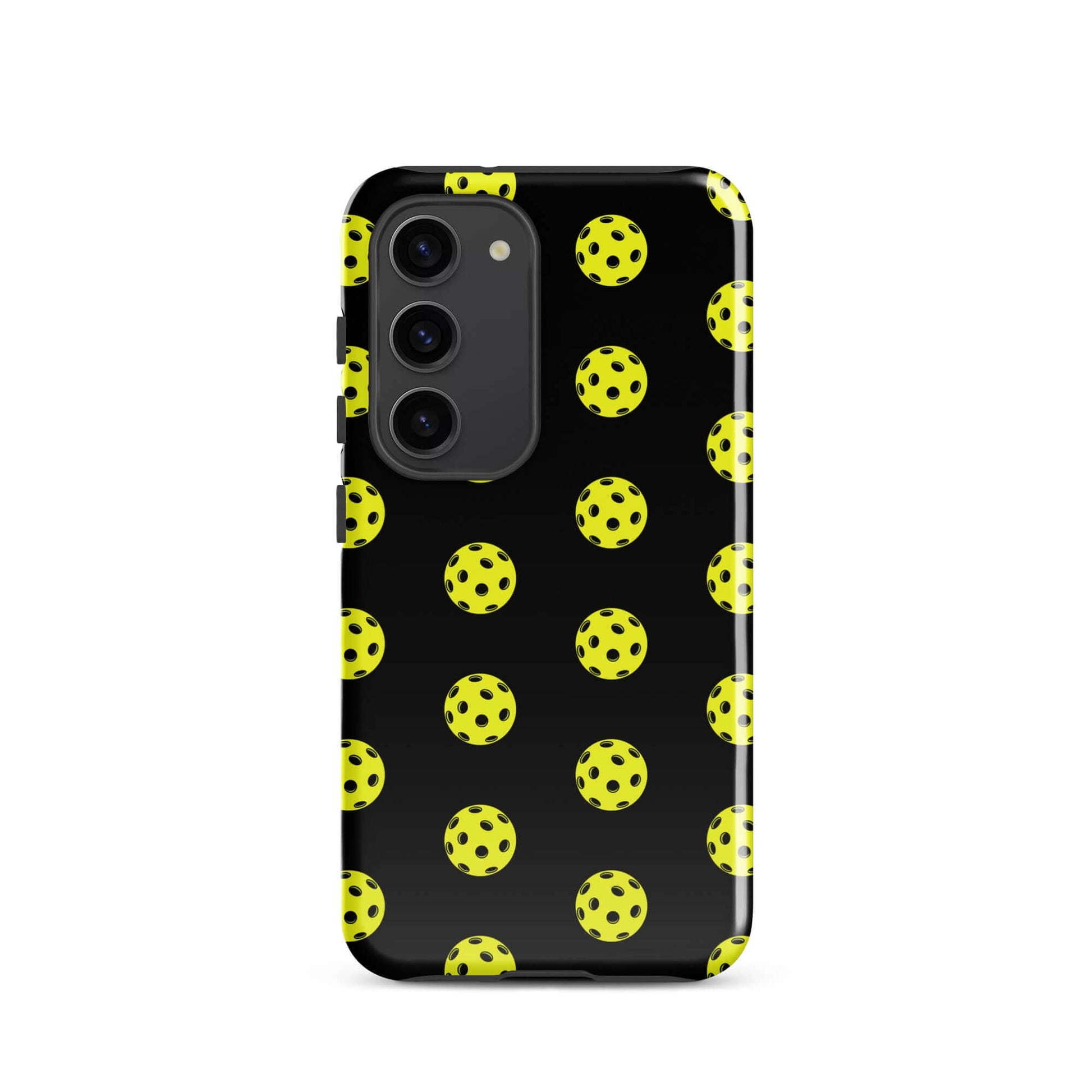 Phone Case for Samsung Galaxy featuring a playful pickleball pattern on a black background.