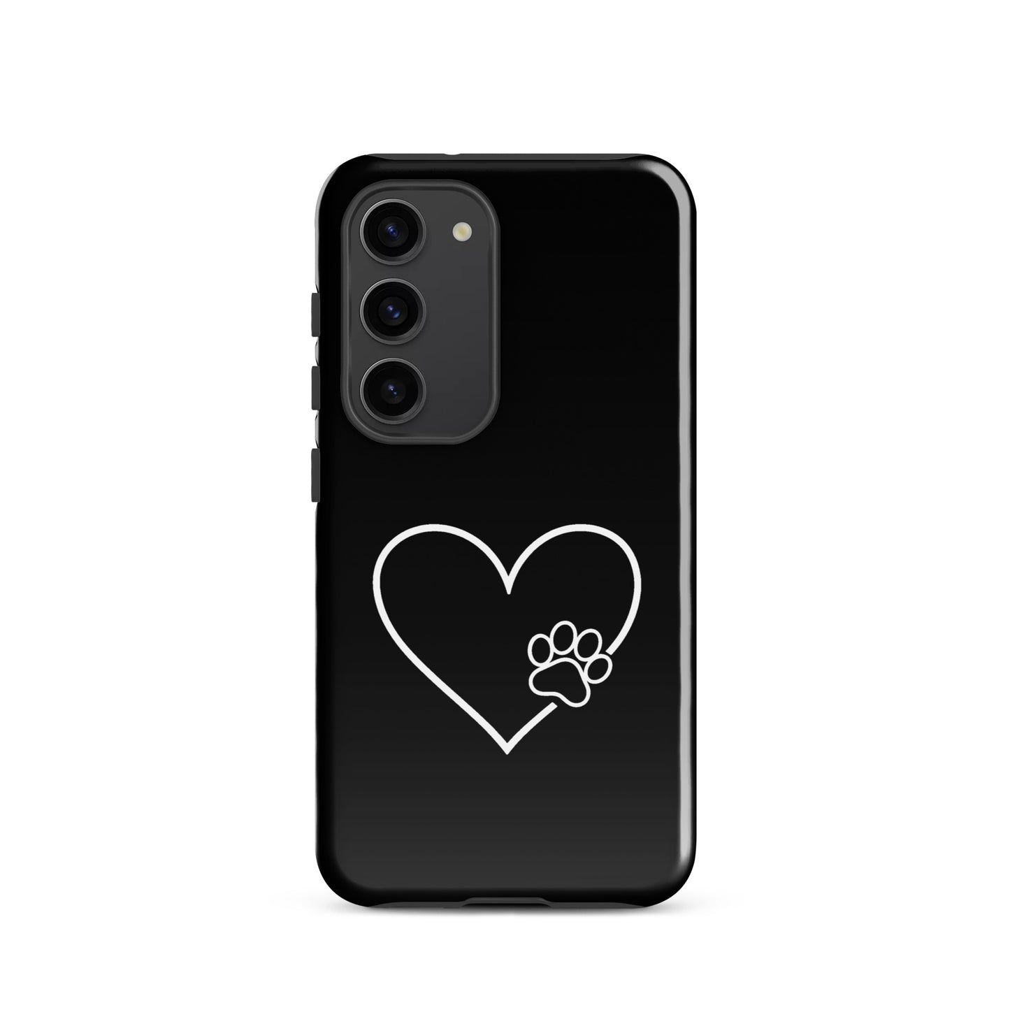 Phone Case for Samsung Galaxy featuring heart and paw print design on black background, symbolizing pet love and protection.